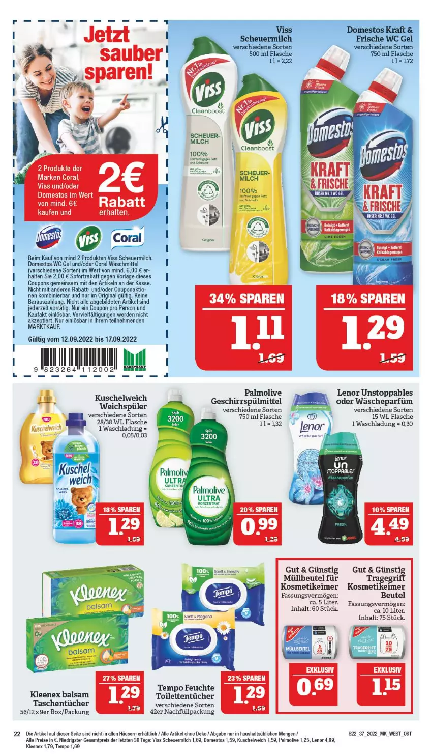 Aktueller Prospekt Marktkauf - Prospekt - von 11.09 bis 17.09.2022 - strona 26 - produkty: beutel, Coral, coupon, coupons, domestos, eimer, eis, erde, flasche, geschirr, geschirrspülmittel, Heu, kosmetik, kosmetikeimer, Kuschelweich, lenor, milch, müllbeutel, olive, palmolive, reis, scheuermilch, sofortrabatt, spülmittel, Tasche, taschen, taschentücher, Tempo, Ti, toilettentücher, tücher, wäscheparfüm, waschmittel, ZTE