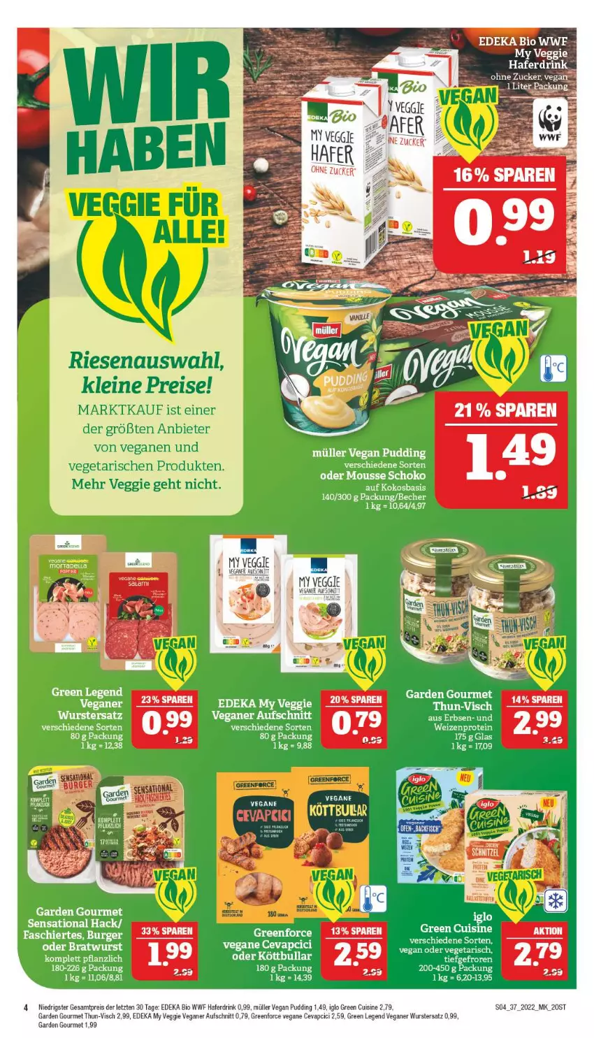 Aktueller Prospekt Marktkauf - Prospekt - von 11.09 bis 17.09.2022 - strona 8 - produkty: aufschnitt, bio, cevapcici, deka, drink, edeka bio, eis, garden gourmet, hafer, Haferdrink, iglo, leine, Müller, pudding, reis, Vegeta, veggie, wurst, ZTE, zucker