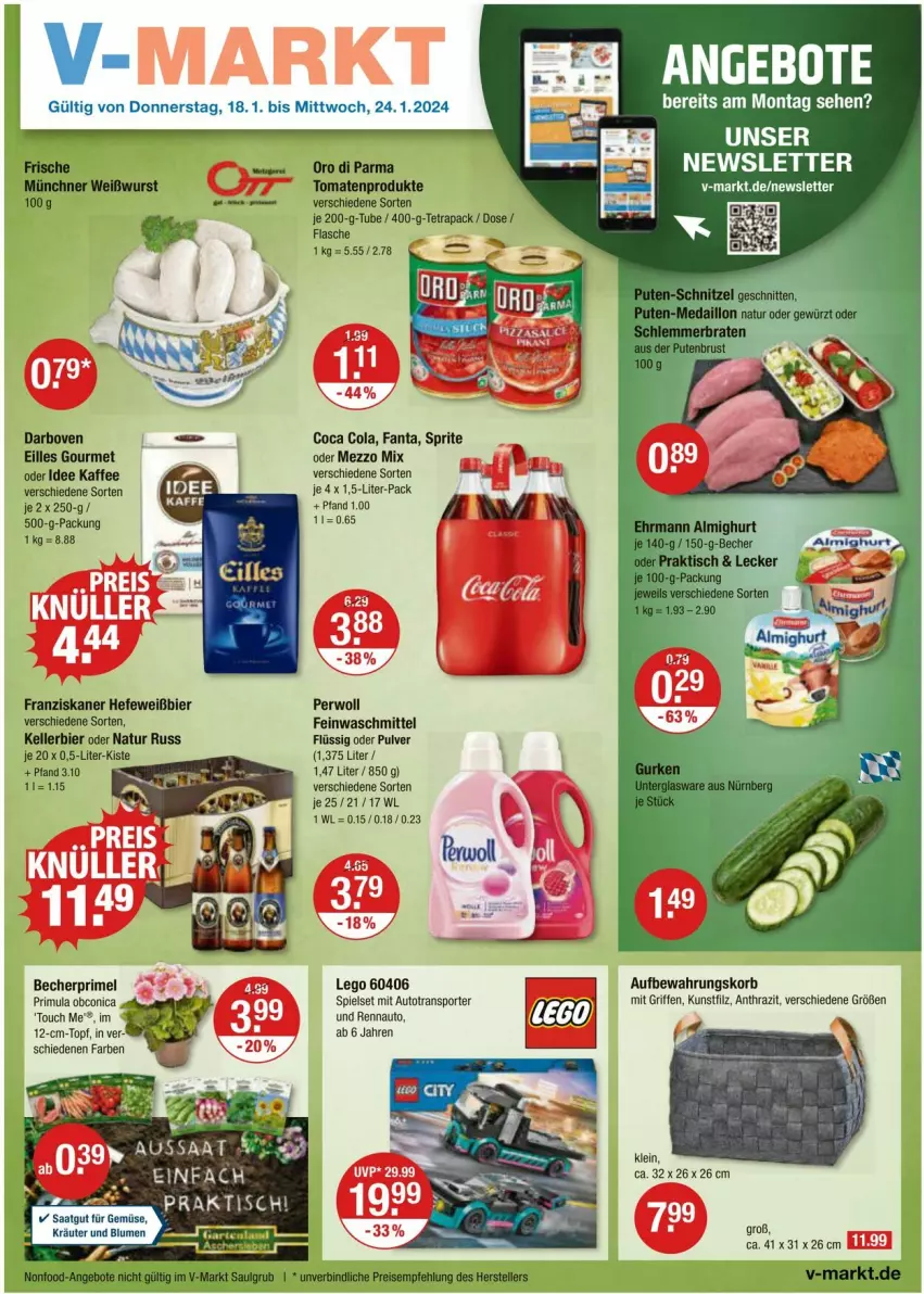 Aktueller Prospekt Vmarkt - Prospekte - von 18.01 bis 24.01.2024 - strona 1 - produkty: almighur, almighurt, angebot, angebote, auto, Becher, bier, braten, cola, darbo, darboven, ehrmann, ehrmann almighurt, eilles gourmet, eis, elle, fanta, feinwaschmittel, flasche, franziskaner, gewürz, Hefe, kaffee, kellerbier, korb, LG, Mezzo Mix, natur, oro di parma, perwoll, pute, putenbrust, reis, schnitten, schnitzel, Sport, sprite, teller, Ti, tisch, tomate, tomaten, topf, waschmittel, Weißwurst, wurst