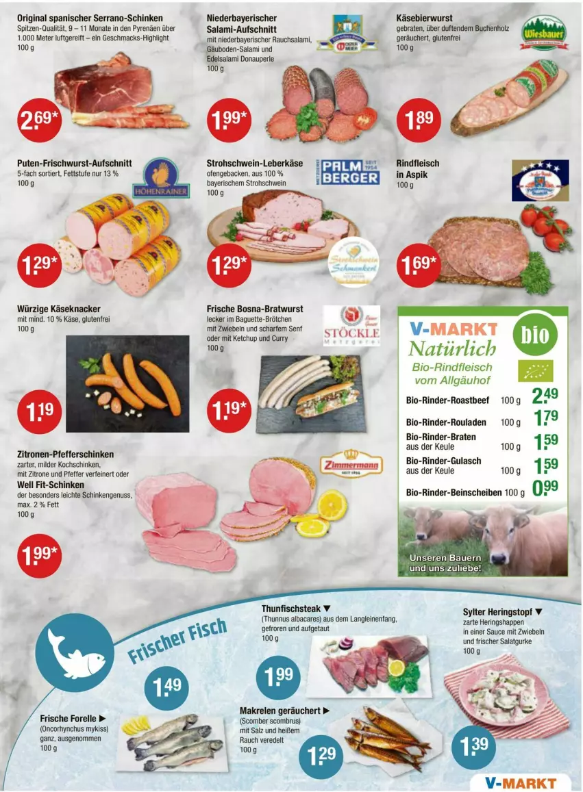 Aktueller Prospekt Vmarkt - Prospekte - von 18.01 bis 24.01.2024 - strona 3 - produkty: auer, aufschnitt, baguette, Bau, Bauer, beef, bier, bio, bio-rindfleisch, braten, bratwurst, brötchen, buch, curry, Edelsalami, eis, elle, fisch, fleisch, forelle, frischwurst-aufschnitt, geback, gin, gulasch, gurke, hering, Herings, Heringshappen, Holz, Käse, ketchup, knacker, kochschinken, leberkäs, leberkäse, leine, LG, mac, Makrele, mit zwiebeln, nuss, Ofen, pfeffer, pute, Rauch, rel, rind, rinder, rinder-rouladen, rindfleisch, ring, roastbeef, rouladen, salami, salat, Salatgurke, salz, sauce, schinken, schwein, senf, steak, Sylter, thunfisch, Ti, topf, wein, wurst, zitrone, zitronen, zwiebel, zwiebeln