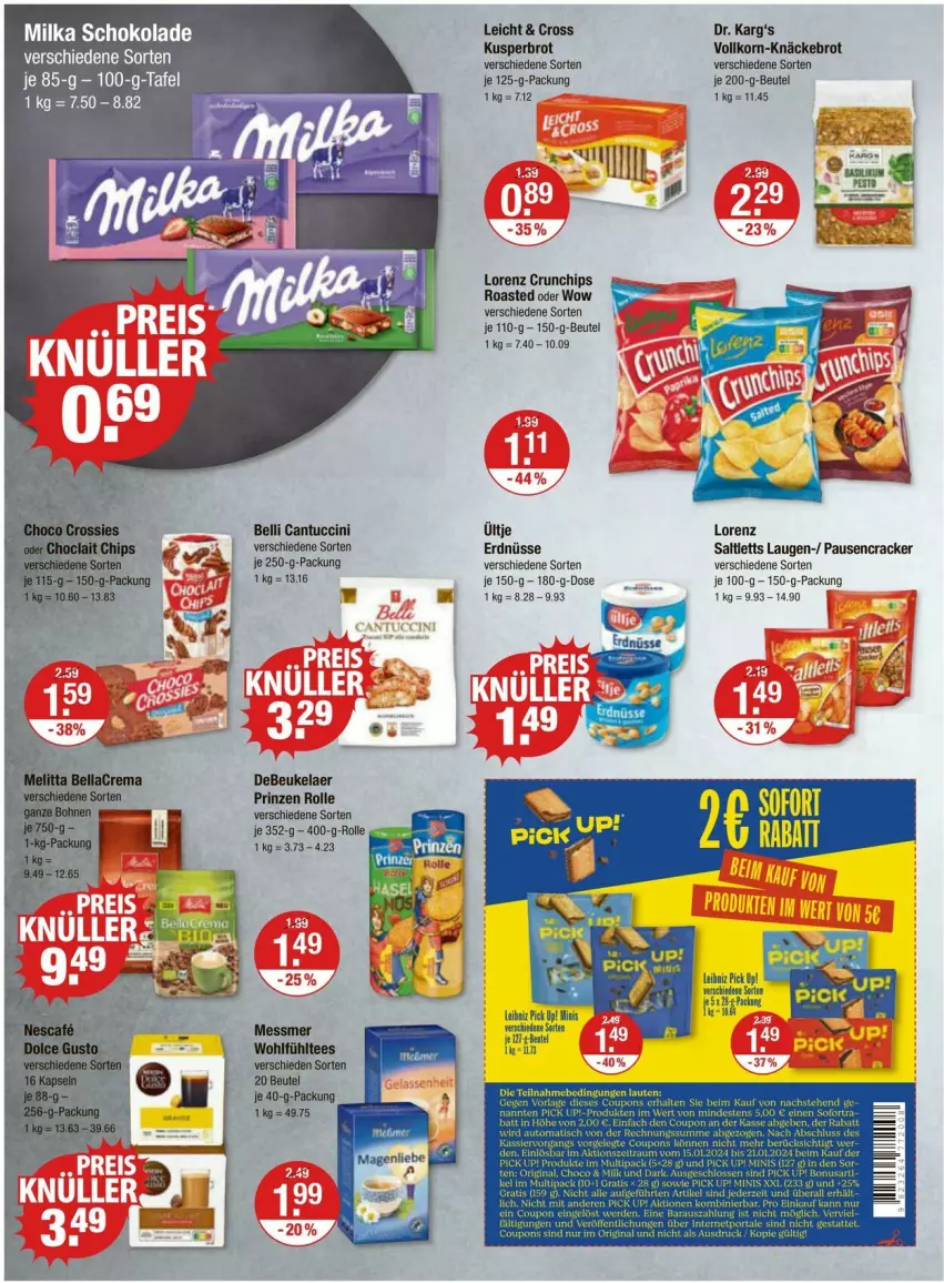 Aktueller Prospekt Vmarkt - Prospekte - von 18.01 bis 24.01.2024 - strona 8 - produkty: beutel, brot, chips, cracker, crunchips, erdnüsse, je 250-g-packung, knäckebrot, korn, leibniz, lorenz, lorenz crunchips, milka, milka schokolade, Pick Up!, saltletts, schoko, schokolade, tuc, ültje