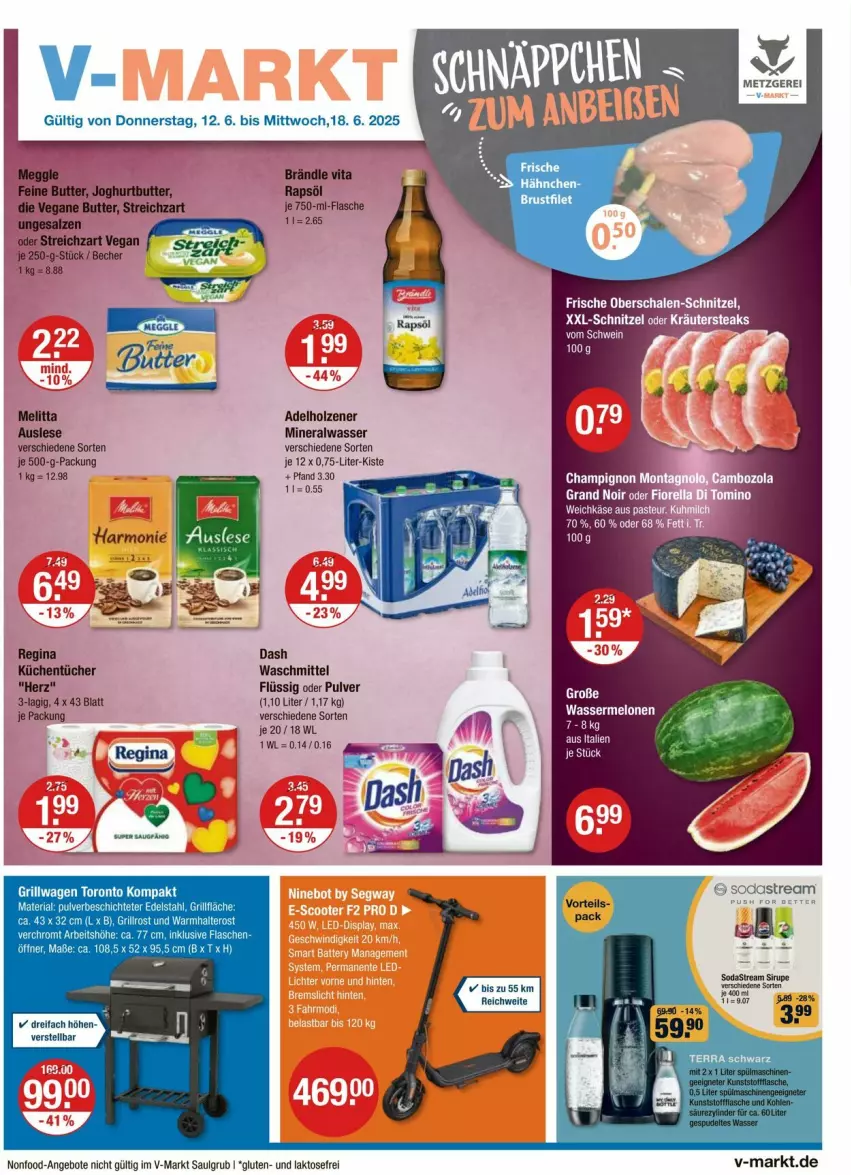 Aktueller Prospekt Vmarkt - Prospekte - von 12.06 bis 18.06.2025 - strona 1 - produkty: adelholzener, Alwa, angebot, angebote, flasche, gin, grill, Holz, Käse, küche, Küchen, küchentücher, LG, melitta, mineralwasser, rapsöl, Ria, Schal, Schale, schnitzel, Soda, sodastream, Ti, tücher, waschmittel, wasser, weichkäse