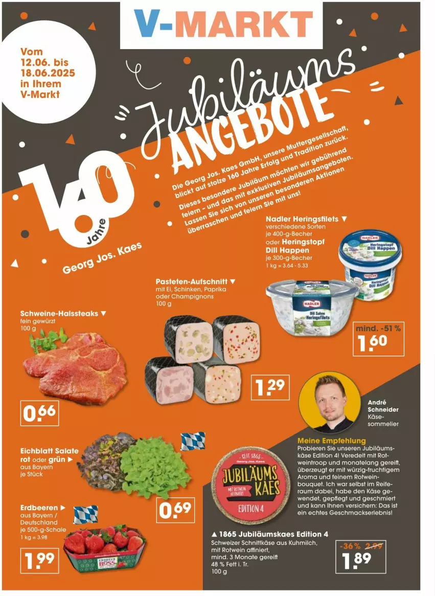 Aktueller Prospekt Vmarkt - Prospekte - von 12.06 bis 18.06.2025 - strona 2 - produkty: aufschnitt, Becher, bier, Biere, champignon, champignons, Elan, gewürz, hering, Herings, Jubiläums, kaes, Käse, mac, milch, paprika, pastete, ring, rotwein, salat, salate, schinken, schnittkäse, schwein, schweine, schweizer schnittkäse, steak, steaks, Ti, topf, wein, weine