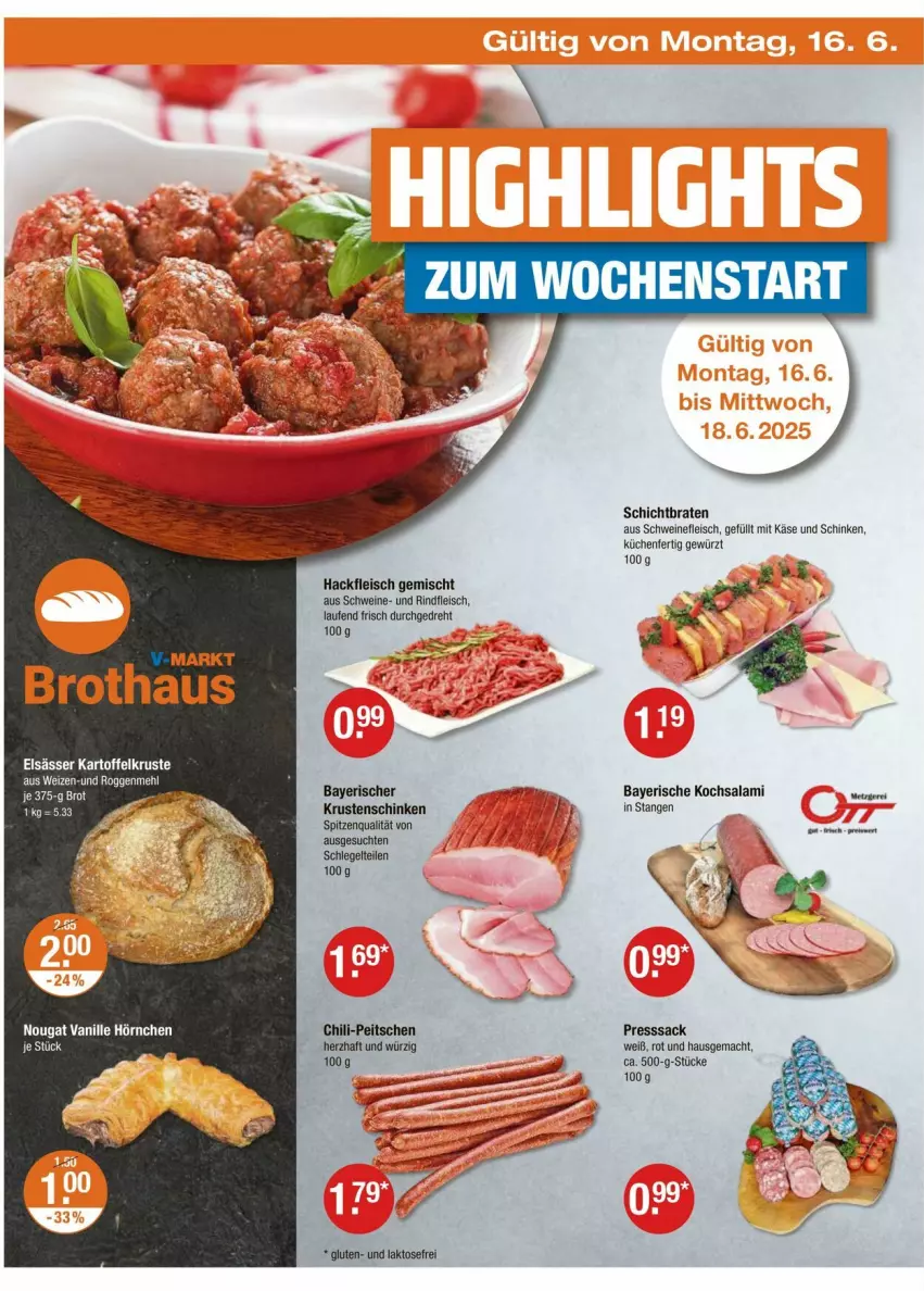 Aktueller Prospekt Vmarkt - Prospekte - von 12.06 bis 18.06.2025 - strona 22 - produkty: braten, brot, chili, eis, fleisch, gewürz, hackfleisch, hackfleisch gemischt, hörnchen, Käse, Krustenschinken, küche, Küchen, Laufen, mac, presssack, rind, rindfleisch, sac, salami, schinken, schwein, schweine, schweinefleisch, spitzenqualität, Ti, vanille, wein, weine