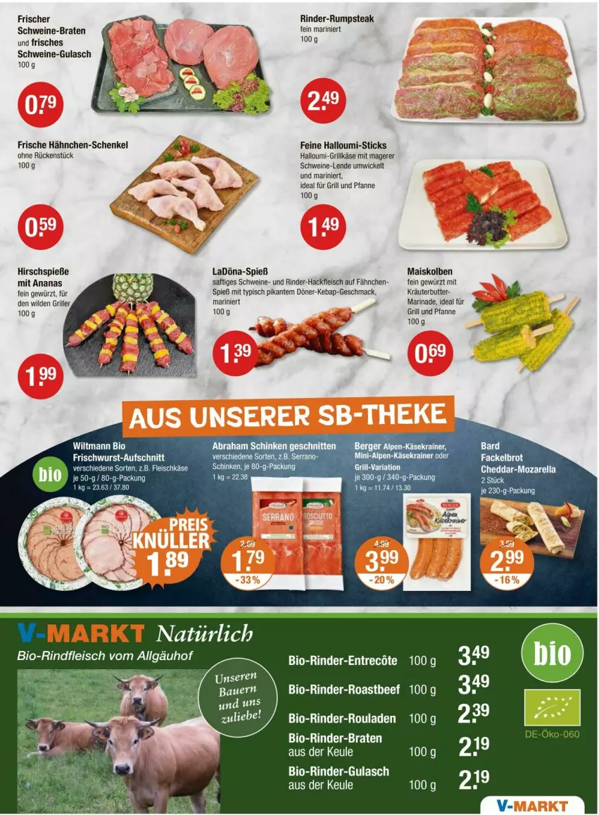 Aktueller Prospekt Vmarkt - Prospekte - von 12.06 bis 18.06.2025 - strona 7 - produkty: ananas, beef, Berger, bio, bio-rindfleisch, braten, butter, cheddar, eis, fleisch, fleischkäse, Frische Hähnchen, für grill und pfanne, gewürz, grill, grill und pfanne, Grillkäse, gulasch, hackfleisch, hähnchen-schenkel, Halloumi, henkel, ideal für grill, ideal für grill und pfanne, Käse, Käsekrainer, kräuter, kräuterbutter, LG, mac, mais, marinade, pfanne, rel, Ria, rind, rinder, rinder-hackfleisch, rinder-rouladen, rinder-rumpsteak, rindfleisch, roastbeef, rouladen, rum, rumpsteak, saft, schenkel, schinken, schnitten, schwein, schweine, serrano, steak, Ti, und pfanne, wein, weine, WICK, Wild, wiltmann