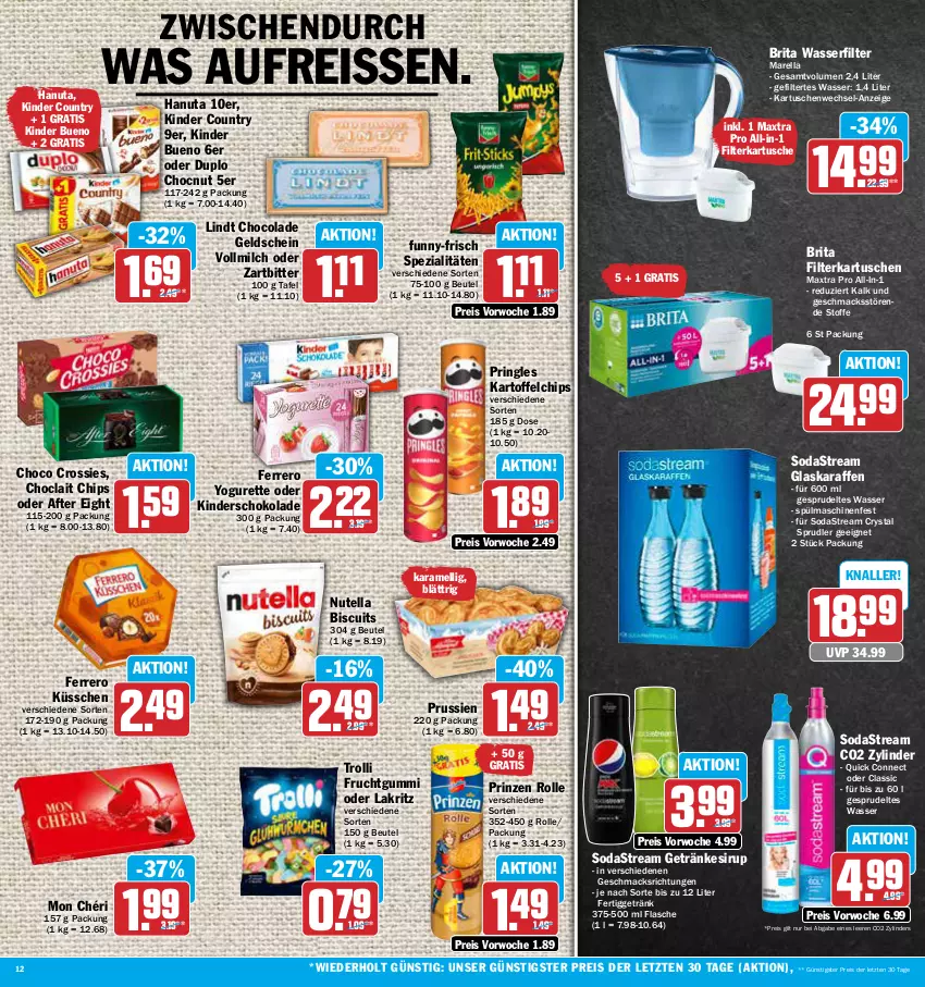 Aktueller Prospekt Aez - Prospekte - von 16.10 bis 21.10.2023 - strona 12 - produkty: after eight, beutel, brita, chips, choclait chips, choco crossies, cola, crossies, duplo, eis, ferrero, Ferrero Küsschen, filterkartuschen, flasche, frucht, fruchtgummi, funny-frisch, getränk, getränke, getränkesirup, glaskaraffe, hanuta, Karaffe, karamell, kartoffel, kartoffelchips, Kinder, kinder bueno, kinder country, Lakritz, lindt, mac, Maxtra, milch, Mon Chéri, nutella, oder lakritz, pringles, prinzen rolle, reis, reiss, rel, ring, schoko, schokolade, sirup, Soda, sodastream, Spezi, Sprudel, spülmaschinen, Ti, trolli, trolli fruchtgummi, vollmilch, wasser, wasserfilter, wasserfilter marella, Yo, yogurette, ZTE