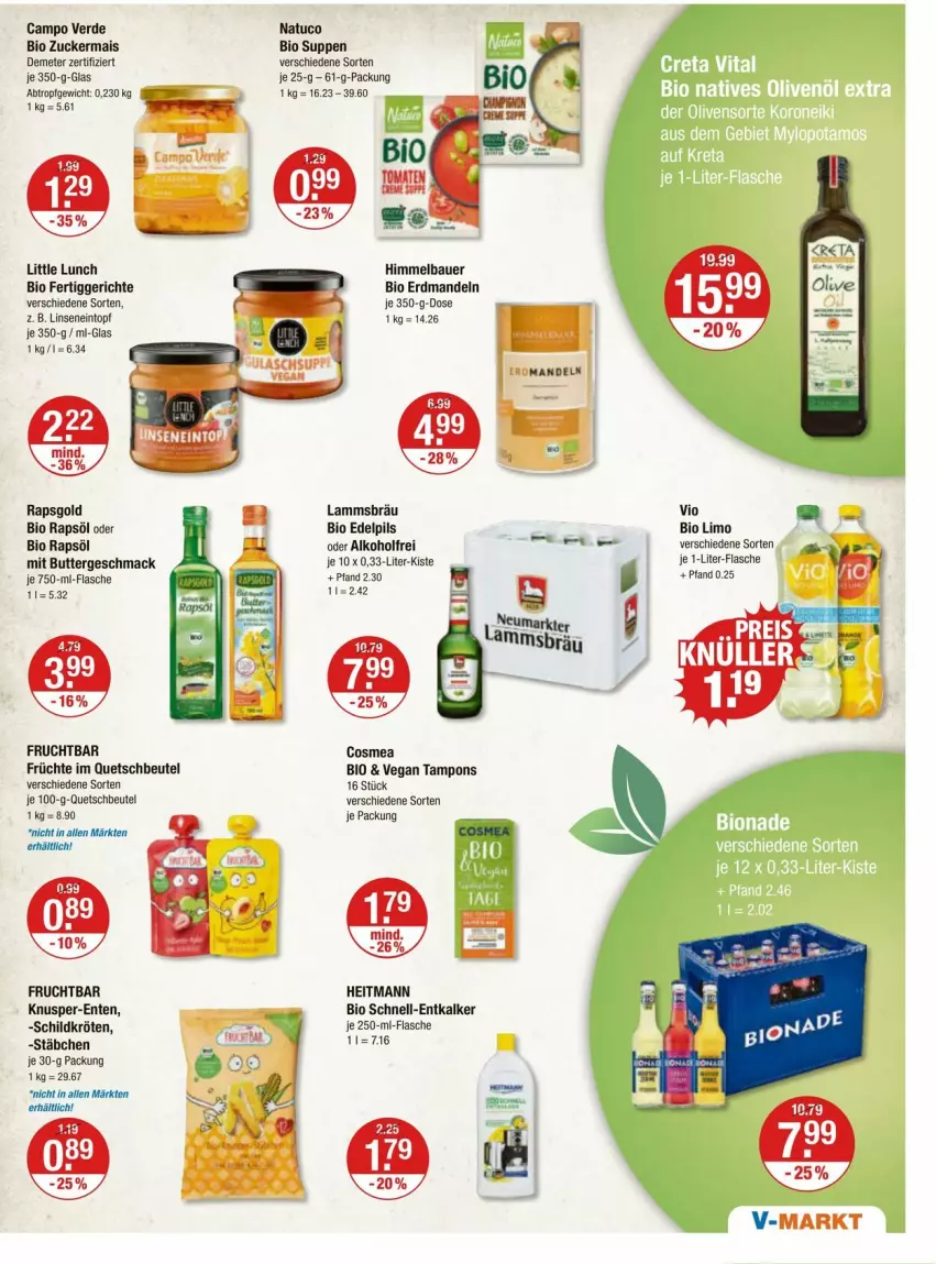 Aktueller Prospekt Vmarkt - Prospekte - von 14.03 bis 20.03.2024 - strona 11 - produkty: alkohol, auer, Bau, Bauer, beutel, bio, bio limo, bionade, butter, Campo Verde, cosmea, creta vital, eintopf, ente, entkalker, erde, fertiggericht, fertiggerichte, flasche, frucht, früchte, heitmann, je 1-liter-flasche, lamm, limo, linsen, mac, mais, mandel, mandeln, pils, quetschbeutel, rapsöl, suppe, suppen, Tampon, tampons, Ti, topf, tuc, vita, zucker, zuckermais