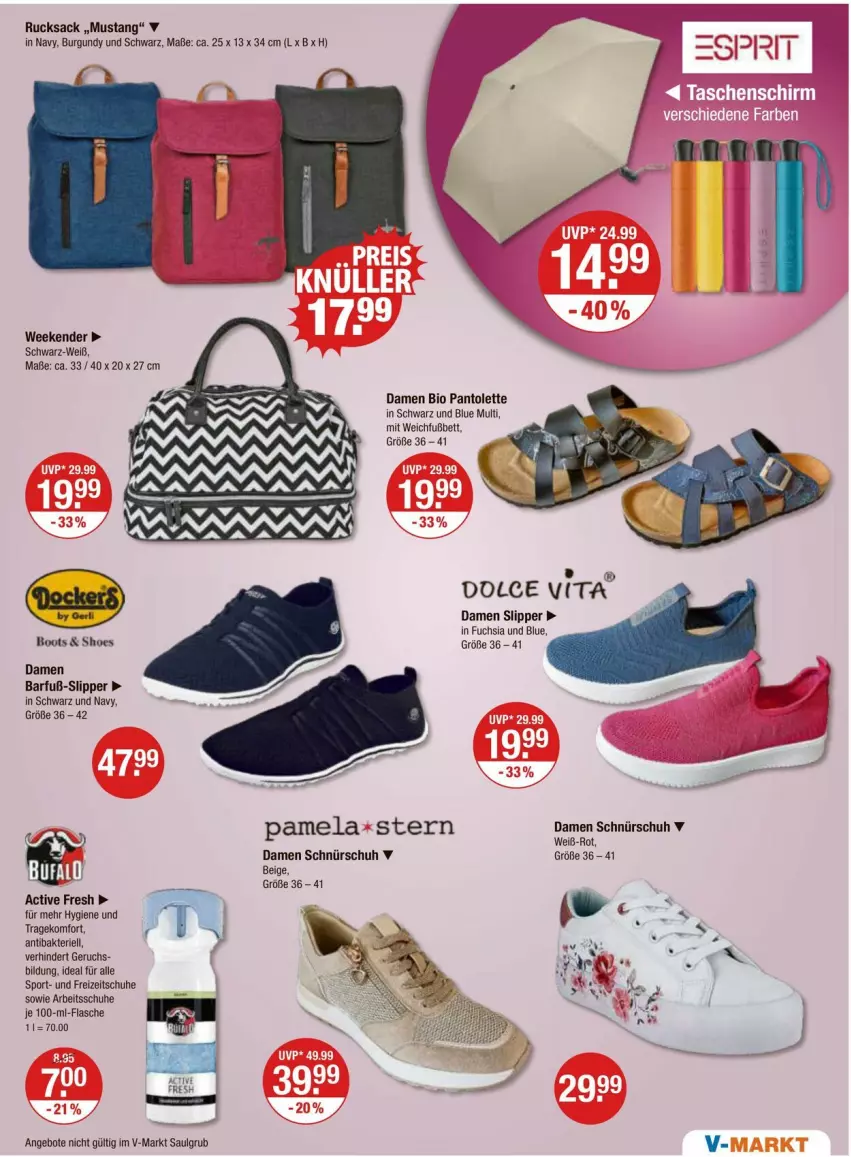 Aktueller Prospekt Vmarkt - Prospekte - von 14.03 bis 20.03.2024 - strona 21 - produkty: angebot, angebote, bett, bio, flasche, Freizeitschuhe, LG, mustang, pantolette, rucksack, sac, schuhe, slip, Slipper, Sport, Ti, vita