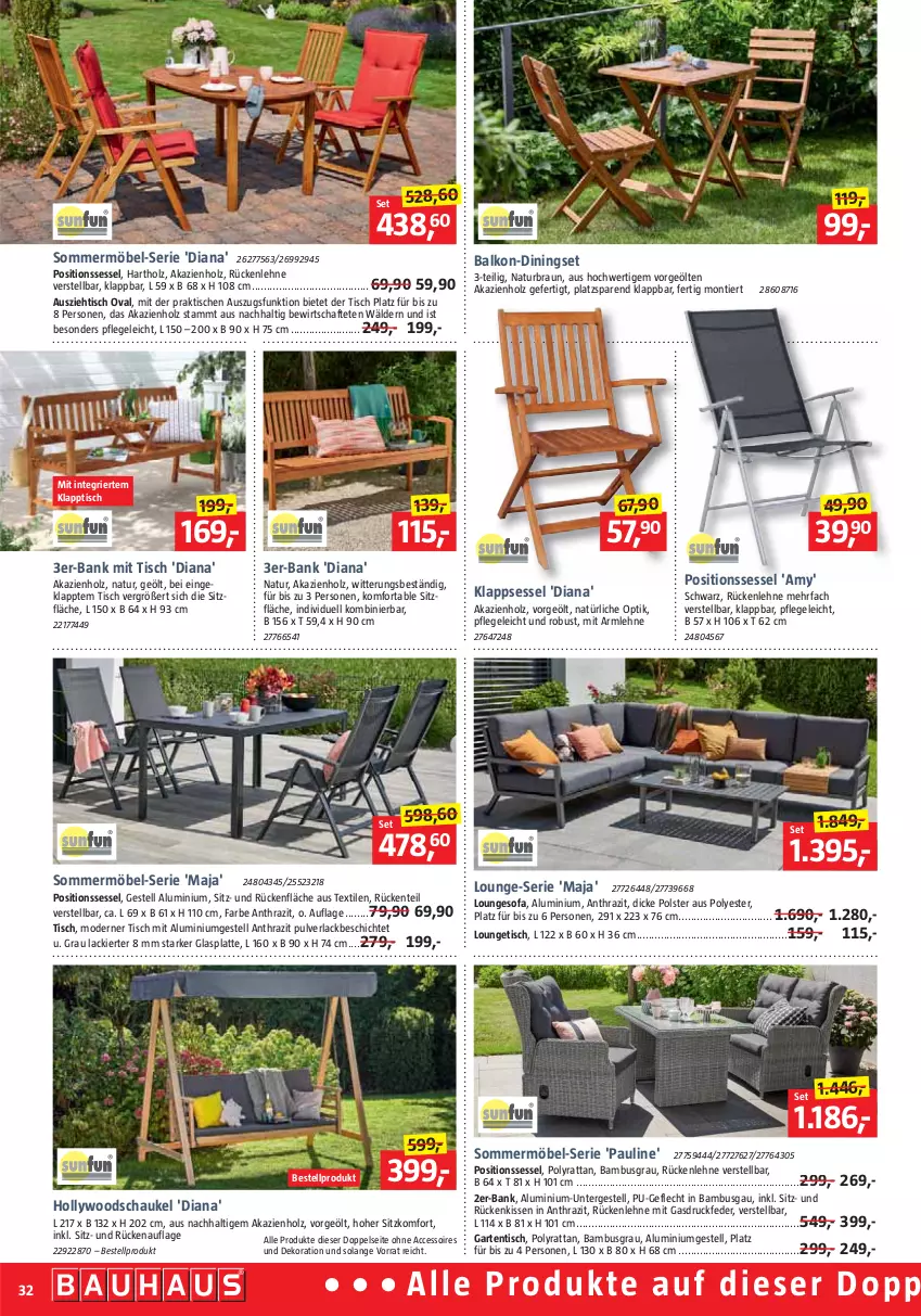 Aktueller Prospekt Bauhaus - Prospekte - von 27.05 bis 01.07.2023 - strona 32 - produkty: ACC, accessoires, aluminiumgestell, bambus, Bank, braun, dekoration, ente, Garten, gartentisch, glasplatte, hollywoodschaukel, Holz, kissen, klappsessel, klapptisch, lack, latte, möbel, Mode, natur, Rückenkissen, rückenlehne, Schaukel, sessel, Sofa, Ti, tisch