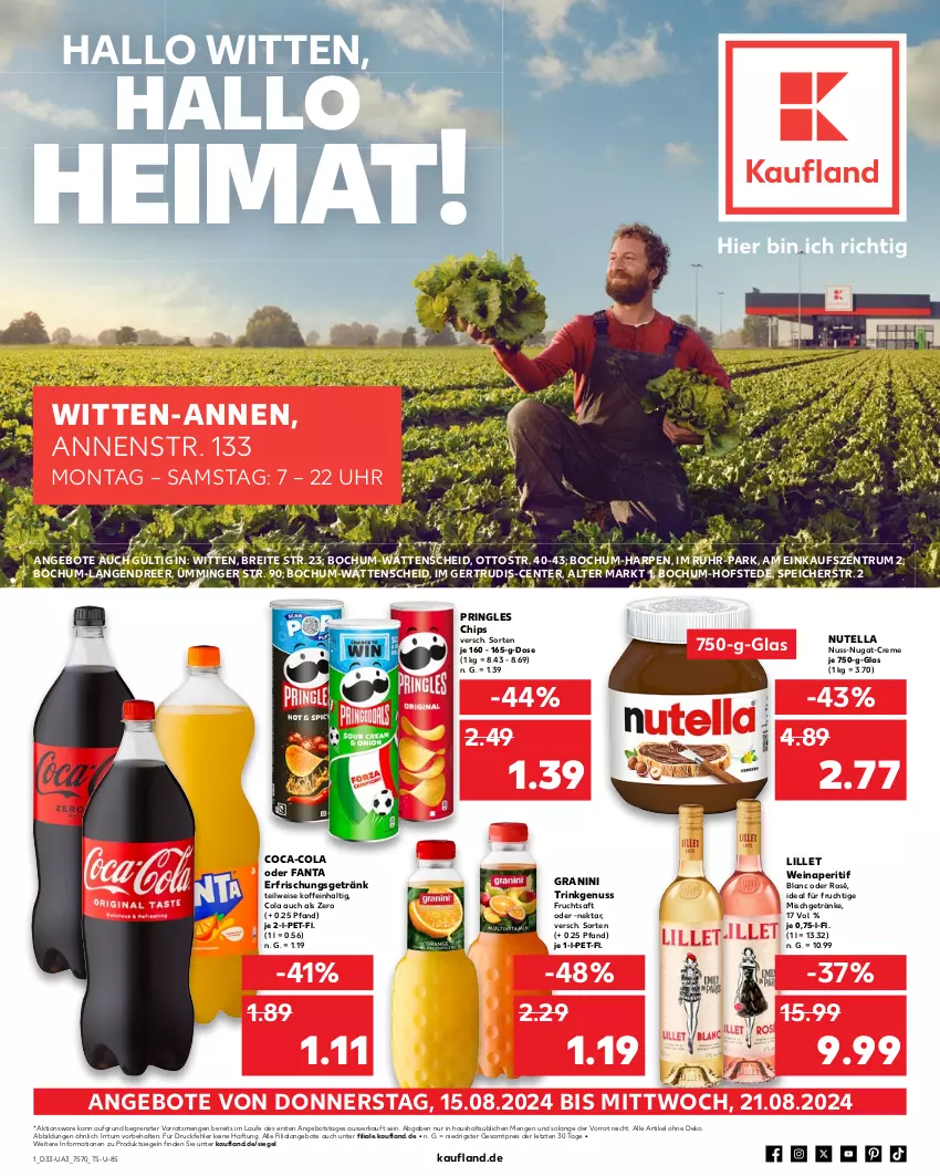 Aktueller Prospekt Kaufland - Umschlag - von 15.08 bis 21.08.2024 - strona 1 - produkty: angebot, angebote, aperitif, Brei, chips, coca-cola, cola, creme, eis, ente, erfrischungsgetränk, fanta, frucht, fruchtsaft, getränk, getränke, granini, lillet, Nektar, nuss, nuss-nugat-creme, nutella, pringles, reis, ring, rum, saft, Ti, uhr, wein, ZTE