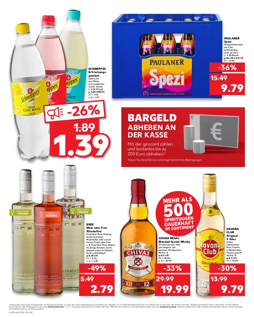 Aktueller Prospekt Kaufland - Umschlag - von 15.08 bis 21.08.2024 - strona 8 - produkty: alkohol, angebot, angebote, auer, Bad, beko, blended scotch, blended scotch whisky, bree, cola, discount, drink, drinks, eis, elle, erde, erfrischungsgetränk, fisch, frucht, Geflügel, getränk, gewürz, gin, Havana Club, honig, limo, limonade, orange, orangen, Paula, paulaner, Pinot, pinot noir, regal, reis, riesling, rum, salat, salate, schweppes, scotch, scotch whisky, Spezi, teller, Ti, wein, whisky, ZTE