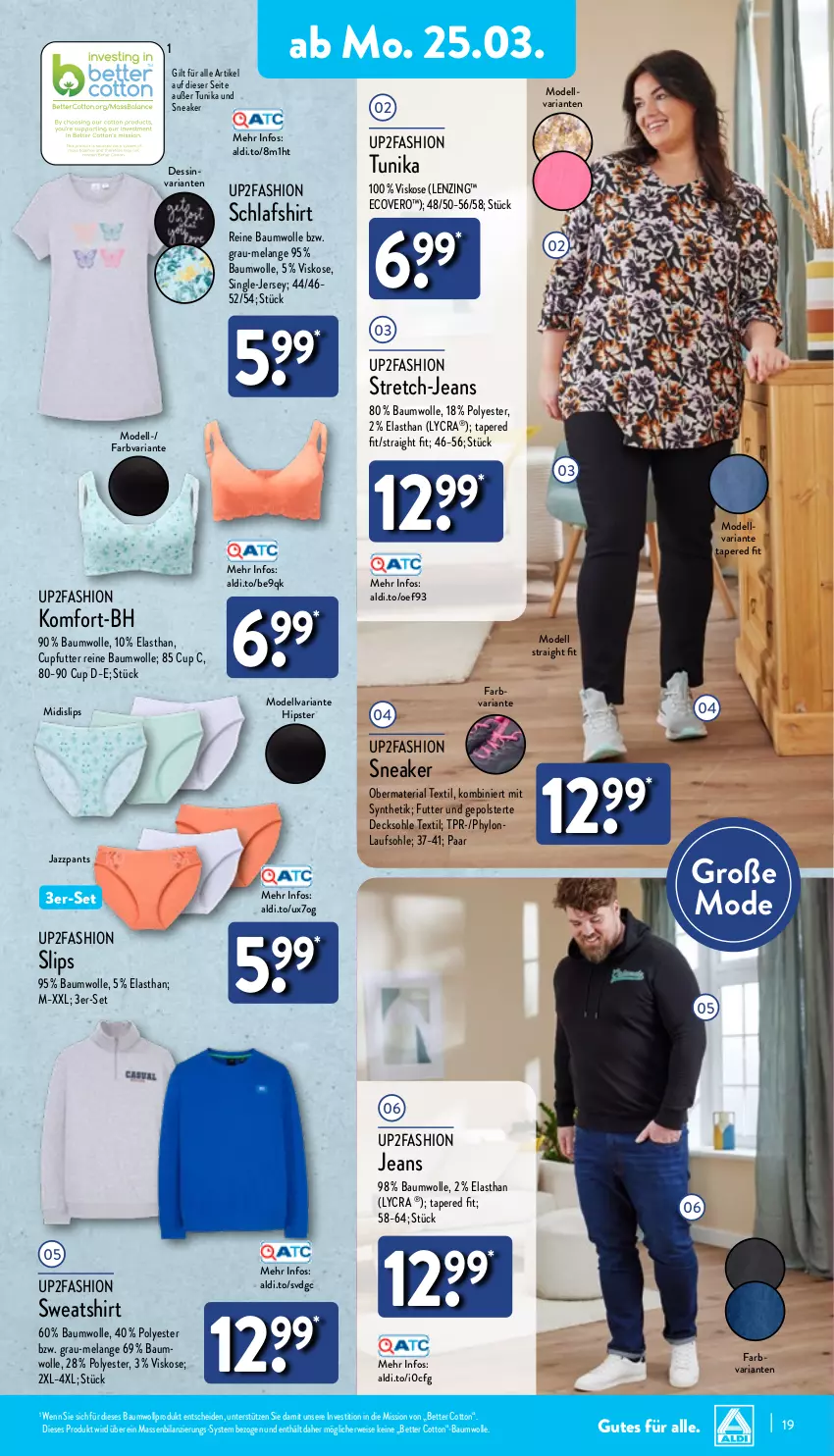 Aktueller Prospekt Aldi Nord - Von Montag - von 25.03 bis 30.03.2024 - strona 19 - produkty: aldi, Bau, baumwolle, bett, decksohle, dell, ecovero, eis, Elan, Hylo, jeans, lenzing, Mode, Pants, reine baumwolle, Ria, rwe, shirt, slip, slips, sneaker, Sweatshirt, Ti, tunika, up2fashion, wolle