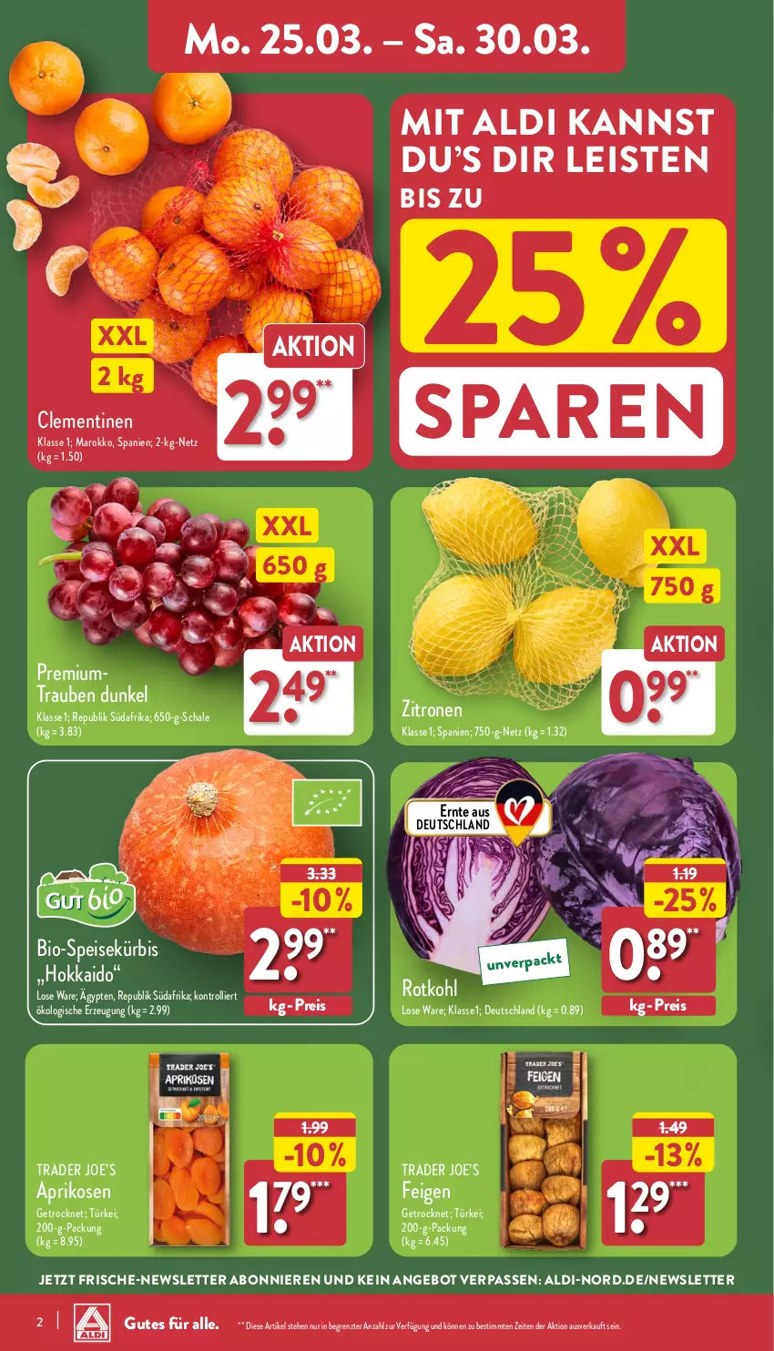 Aktueller Prospekt Aldi Nord - Von Montag - von 25.03 bis 30.03.2024 - strona 2 - produkty: aldi, angebot, aprikose, aprikosen, bio, clementinen, eis, Feigen, Kürbis, reis, rotkohl, Schal, Schale, Ti, trauben, trolli, zitrone, zitronen, ZTE