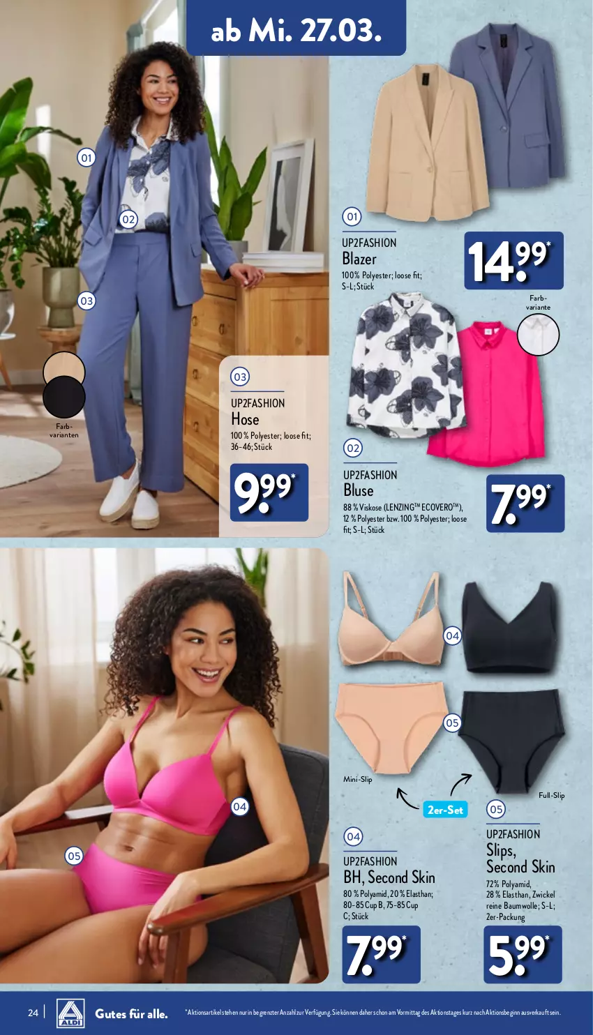 Aktueller Prospekt Aldi Nord - Von Montag - von 25.03 bis 30.03.2024 - strona 24 - produkty: Bau, baumwolle, Blazer, bluse, ecovero, gin, hose, lenzing, Loose, reine baumwolle, Ria, slip, slips, Ti, up2fashion, WICK, wolle, ZTE