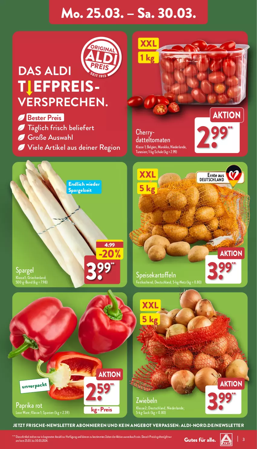 Aktueller Prospekt Aldi Nord - Von Montag - von 25.03 bis 30.03.2024 - strona 3 - produkty: aldi, angebot, eis, kartoffel, kartoffeln, LG, paprika, paprika rot, reis, sac, Schal, Schale, spargel, speisekartoffeln, Ti, tomate, tomaten, ZTE, zwiebel, zwiebeln