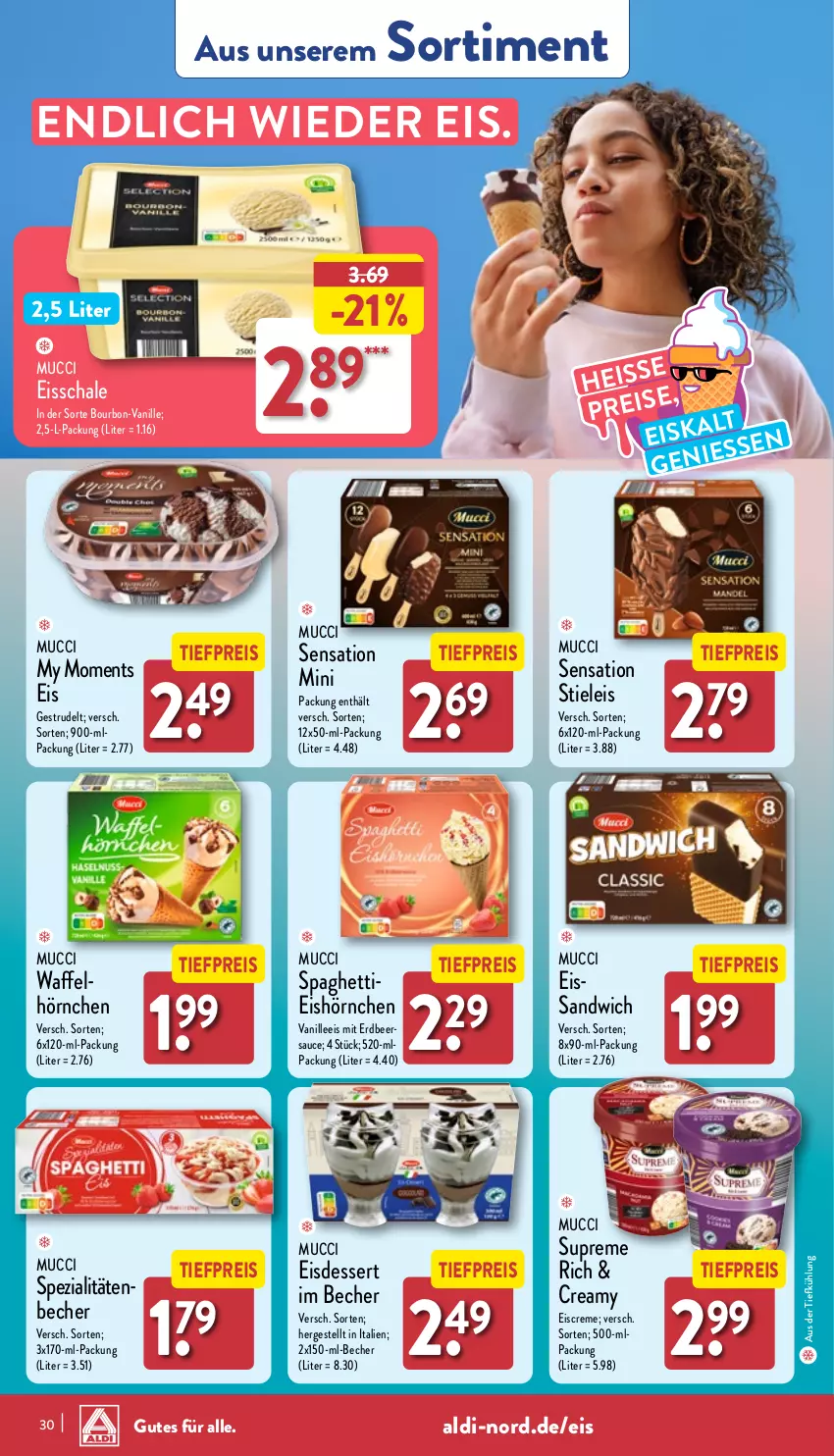 Aktueller Prospekt Aldi Nord - Von Montag - von 25.03 bis 30.03.2024 - strona 30 - produkty: aldi, aus der tiefkühlung, Becher, bourbon, creme, dessert, eis, eiscreme, hörnchen, reis, sandwich, sauce, Schal, Schale, Sensation Mini, spaghetti, Spezi, stieleis, Strudel, Ti, tiefpreis, vanille