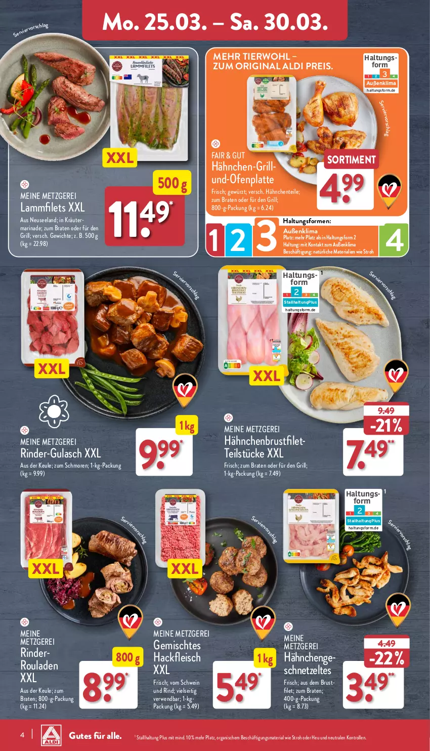 Aktueller Prospekt Aldi Nord - Von Montag - von 25.03 bis 30.03.2024 - strona 4 - produkty: aldi, braten, brustfilet, eis, Elan, ente, filet, filets, fleisch, geschnetzeltes, gewürz, gin, grill, gulasch, hackfleisch, hähnchenbrust, hähnchenbrustfilet, Hähnchengeschnetzeltes, Heu, kräuter, lamm, Lammfilets, latte, marinade, Ofen, reis, Ria, rind, rinder, Rinderroulade, rinderrouladen, rouladen, rwe, schwein, schwein und rind, Ti, vom schwein und rind, wein, Zelt