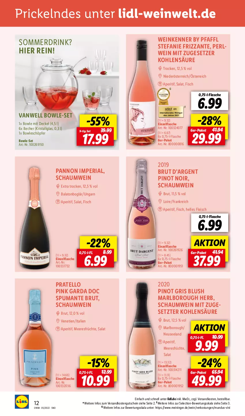 Aktueller Prospekt Lidl - Beste Weine für jeden Anlass - von 29.04 bis 31.05.2022 - strona 12 - produkty: aperitif, Balaton, Becher, bowle, brut, decke, Deckel, drink, eis, Elan, elle, fisch, flasche, fleisch, frizzante, früchte, gutschein, LG, meeresfrüchte, ndk, Pinot, pinot noir, puma, Ria, salat, spumante, Ti, wein, ZTE