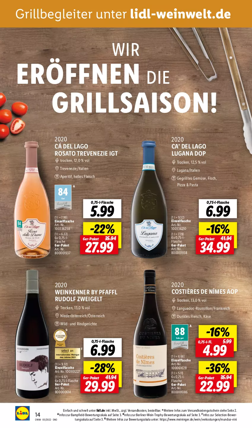 Aktueller Prospekt Lidl - Beste Weine für jeden Anlass - von 29.04 bis 31.05.2022 - strona 14 - produkty: aperitif, berliner, eis, elle, fisch, flasche, fleisch, Gegrilltes Gemüse, grill, gutschein, Käse, ndk, pasta, pizza, rind, rosato, Ti, wein, Wild, Zweigelt