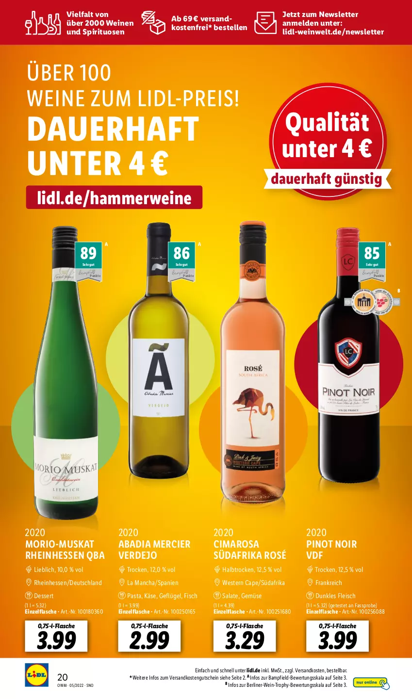 Aktueller Prospekt Lidl - Beste Weine für jeden Anlass - von 29.04 bis 31.05.2022 - strona 20 - produkty: auer, Bad, berliner, Cap, dessert, eis, elle, erde, fisch, flasche, fleisch, Geflügel, gutschein, Käse, merci, ndk, pasta, Pinot, pinot noir, reis, rwe, salat, salate, spirituosen, Ti, versandkostenfrei, wein, weine, Weste