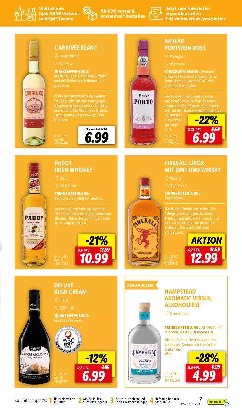 Aktueller Prospekt Lidl - Beste Weine für jeden Anlass - von 29.04 bis 31.05.2022 - strona 7 - produkty: alkohol, ball, beere, beeren, bio, eis, eiswürfel, elle, erdbeere, erdbeeren, flasche, frucht, garnier, gin, himbeer, himbeere, himbeeren, honig, irish cream, irish whiskey, korb, LG, likör, limo, limonade, mac, malz, ndk, orange, orangen, Portwein, saft, Schal, Schale, spirituosen, Ti, tonic, tonic water, trauben, vanille, versandkostenfrei, wein, weine, whiskey, whisky, Wild, würfel, zitrone