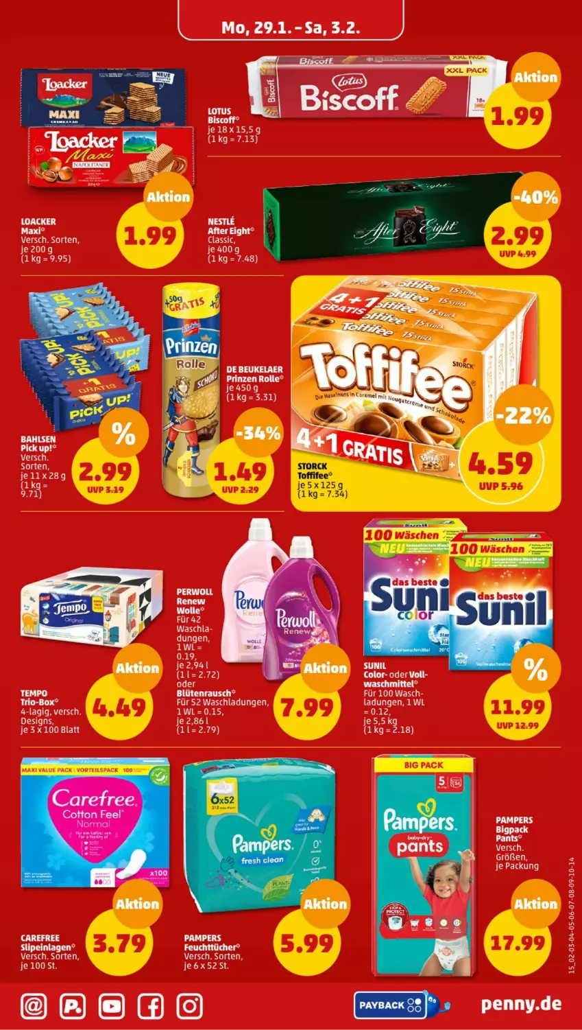 Aktueller Prospekt Penny - Prospekte - von 29.01 bis 03.02.2024 - strona 15 - produkty: after eight, bahlsen, Blüte, carefree, de beukelaer, eis, pampers, Pick Up!, rel, slip, slipeinlagen, storck, Tempo, toffifee, waschmittel