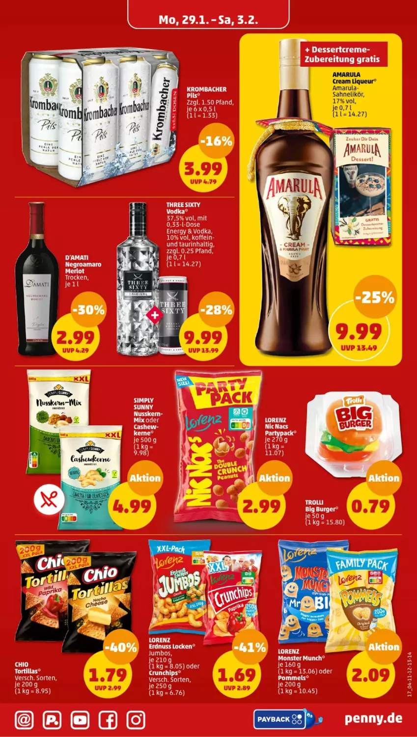 Aktueller Prospekt Penny - Prospekte - von 29.01 bis 03.02.2024 - strona 17 - produkty: amarula, chips, creme, crunchips, dessert, elle, erdnuss, krombache, krombacher, likör, liqueur, monster, nuss, sahne, Ti, tortilla, tortillas, trolli