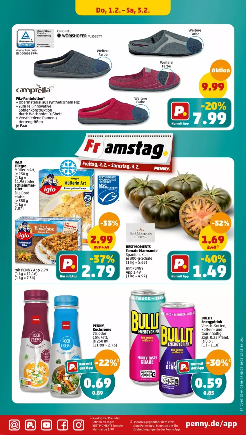 Aktueller Prospekt Penny - Prospekte - von 29.01 bis 03.02.2024 - strona 27 - produkty: bett, creme, drink, filegro, filet, gin, iglo, Kochcreme, Müller, müllerin art, pantolette, pantoletten, rel, Ria, Schal, Schale, sim, Ti, tisch, tomate