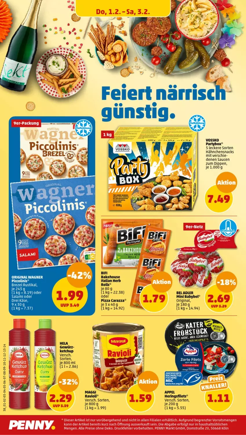 Aktueller Prospekt Penny - Prospekte - von 29.01 bis 03.02.2024 - strona 38 - produkty: babybel, bifi, brezel, curry, dip, eier, filet, filets, gewürz, gin, Hela, hering, Herings, heringsfilets, ketchup, mini babybel, original wagner, piccolinis, pizza, ring, salami, sauce, saucen, snack, snacks, Ti, vossko, wagner