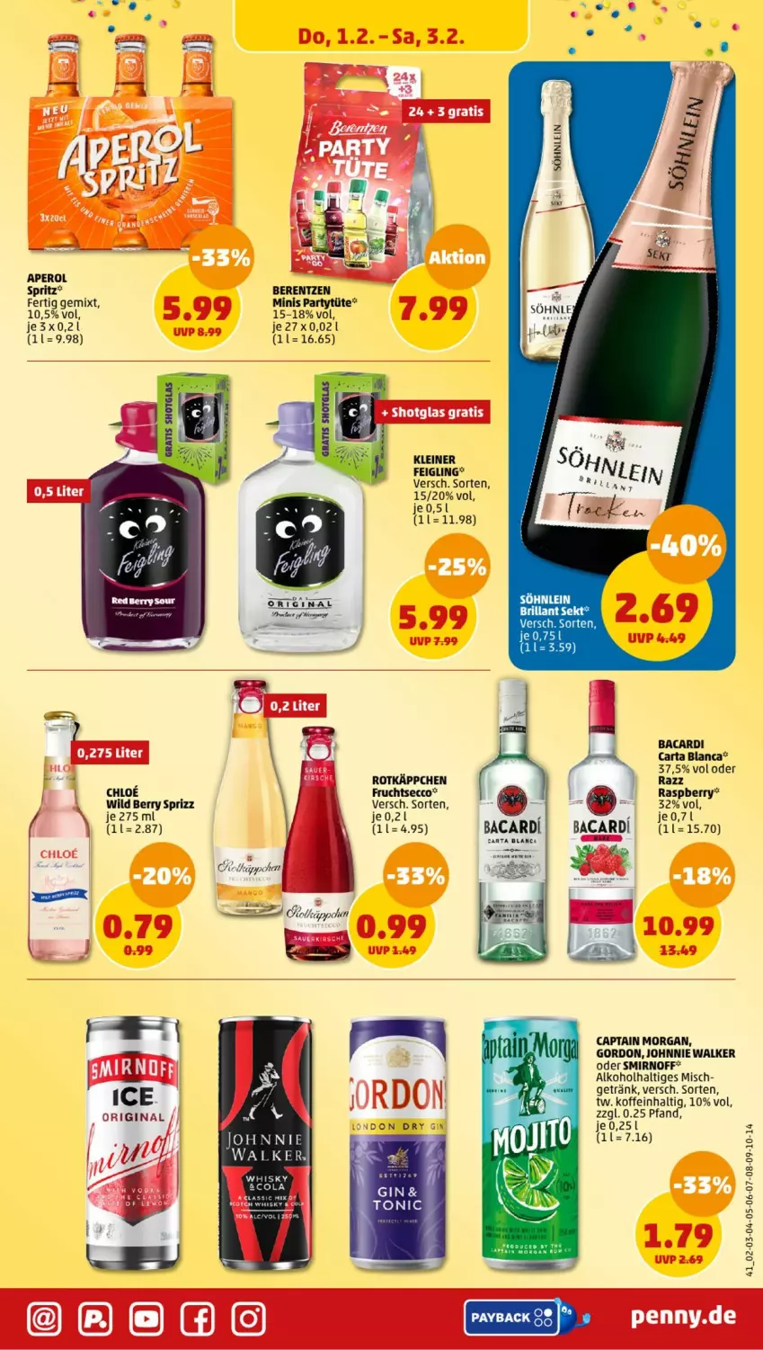 Aktueller Prospekt Penny - Prospekte - von 29.01 bis 03.02.2024 - strona 41 - produkty: alkohol, aperol, bacardi, berentzen, brillant sekt, Cap, captain morgan, chloe, cola, ecco, frucht, fruchtsecco, getränk, gin, gordon, johnnie walker, kleiner feigling, Kraut, leine, raspberry, rotkäppchen, sekt, smirnoff, söhnlein, söhnlein brillant, Sprizz, Ti, Tüte, whisky, Wild, wild berry