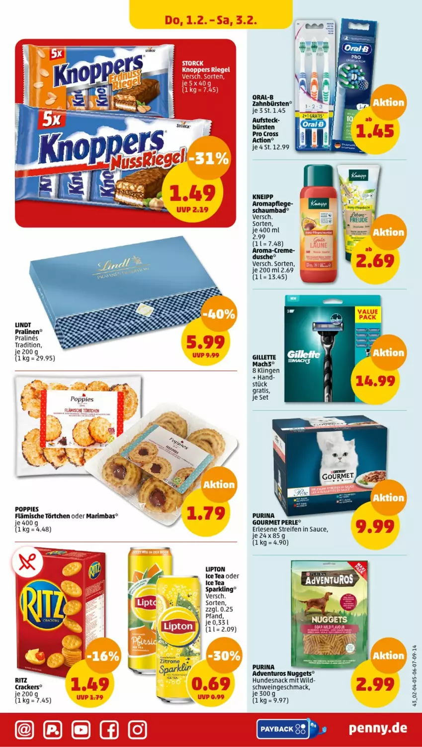 Aktueller Prospekt Penny - Prospekte - von 29.01 bis 03.02.2024 - strona 43 - produkty: adventuros, Bad, bürste, bürsten, cracker, creme, cross action, dusche, gillette, hundesnack, ice tea, kneipp, lindt, lipton, lipton ice tea, mac, mach3, nuggets, oral-b, payback, Popp, pralinen, purina, reifen, sauce, schaumbad, schwein, snack, Ti, Törtchen, wein, Wild, zahnbürste, zahnbürsten