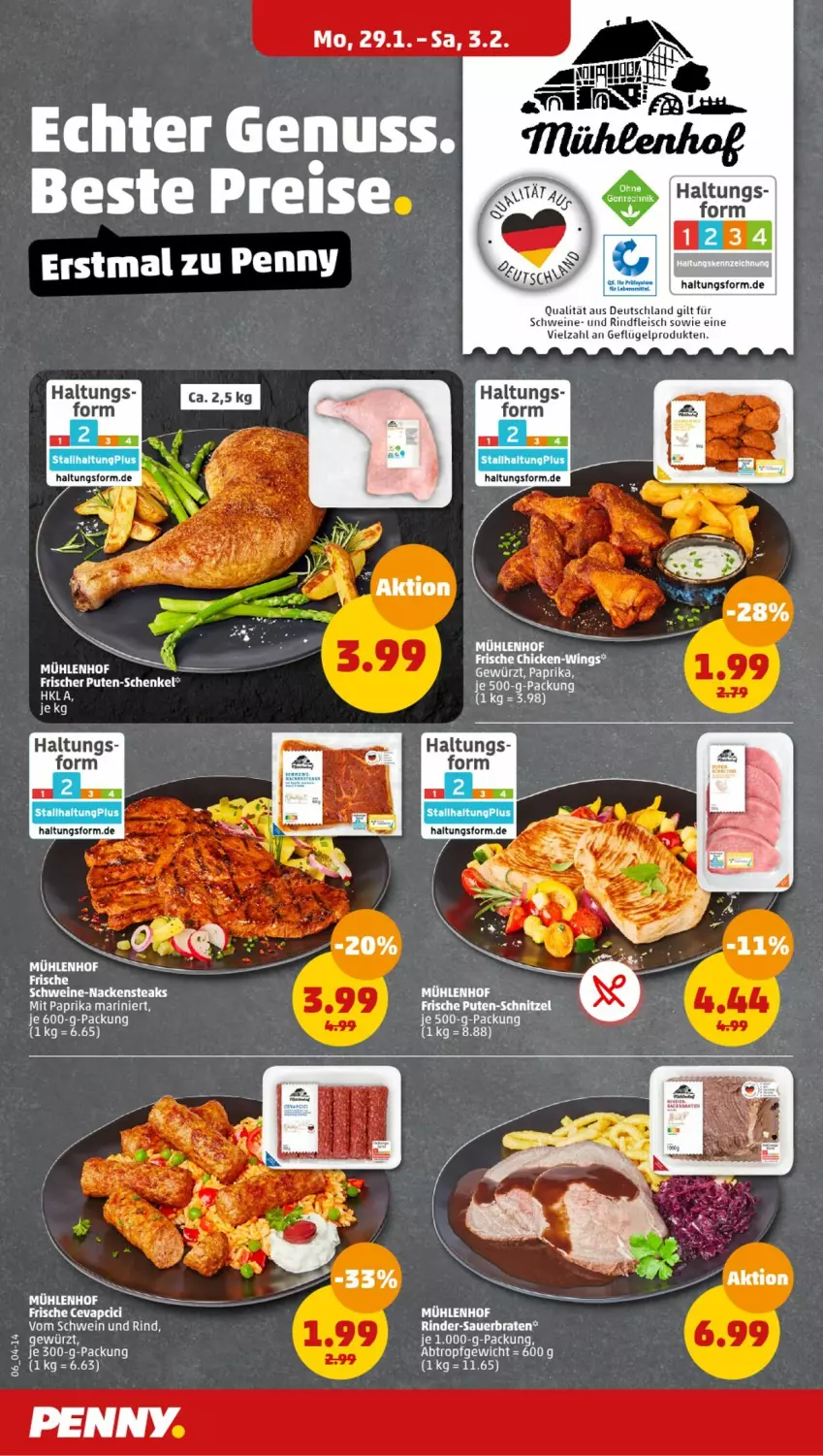 Aktueller Prospekt Penny - Prospekte - von 29.01 bis 03.02.2024 - strona 6 - produkty: cevapcici, eis, fleisch, Geflügel, gewürz, henkel, mit paprika, Nackensteak, nackensteaks, paprika, pute, rind, rindfleisch, schenkel, schwein, schwein und rind, schweine, steak, steaks, vom schwein und rind, wein, weine