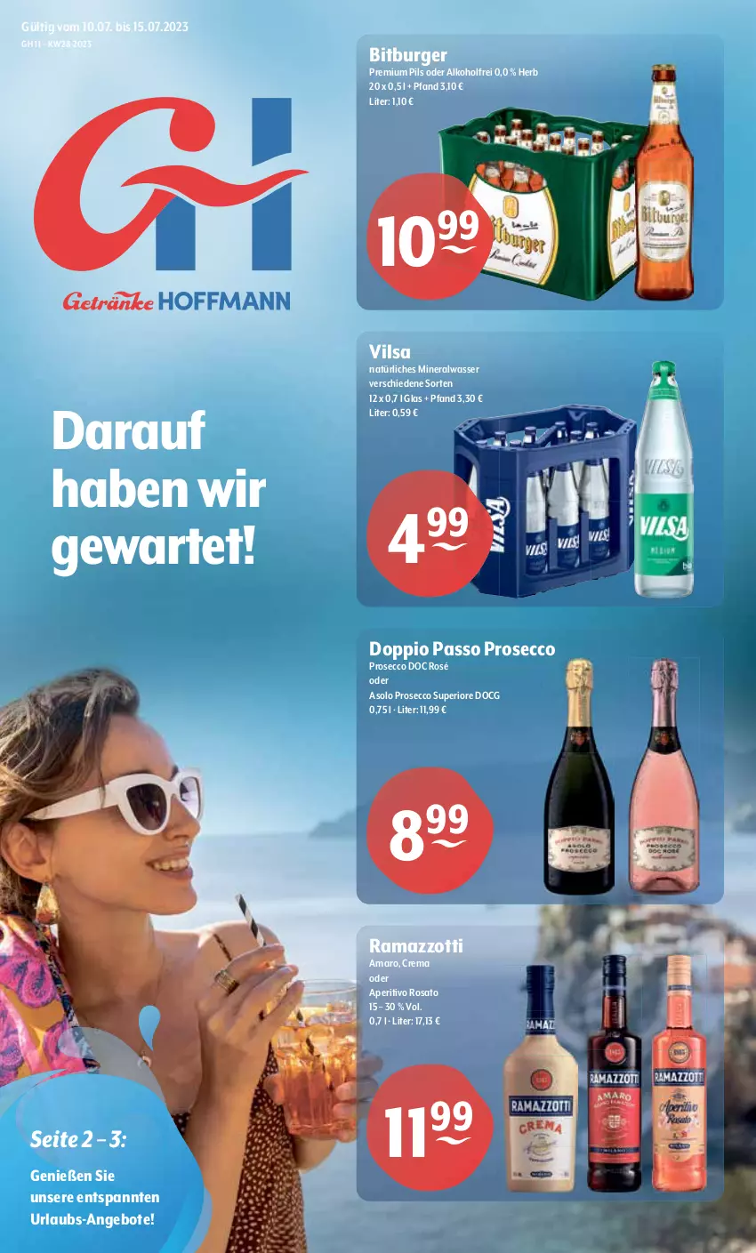 Aktueller Prospekt Getraenke Hoffmann - Prospekte - von 10.07 bis 15.07.2023 - strona 1 - produkty: alkohol, Alwa, amaro, angebot, angebote, aperitivo rosato, bitburger, burger, doppio passo, ecco, mineralwasser, natürliches mineralwasser, passo, pils, premium pils, prosecco, rama, ramazzott, ramazzotti, rosato, Ti, vilsa, wasser, zott