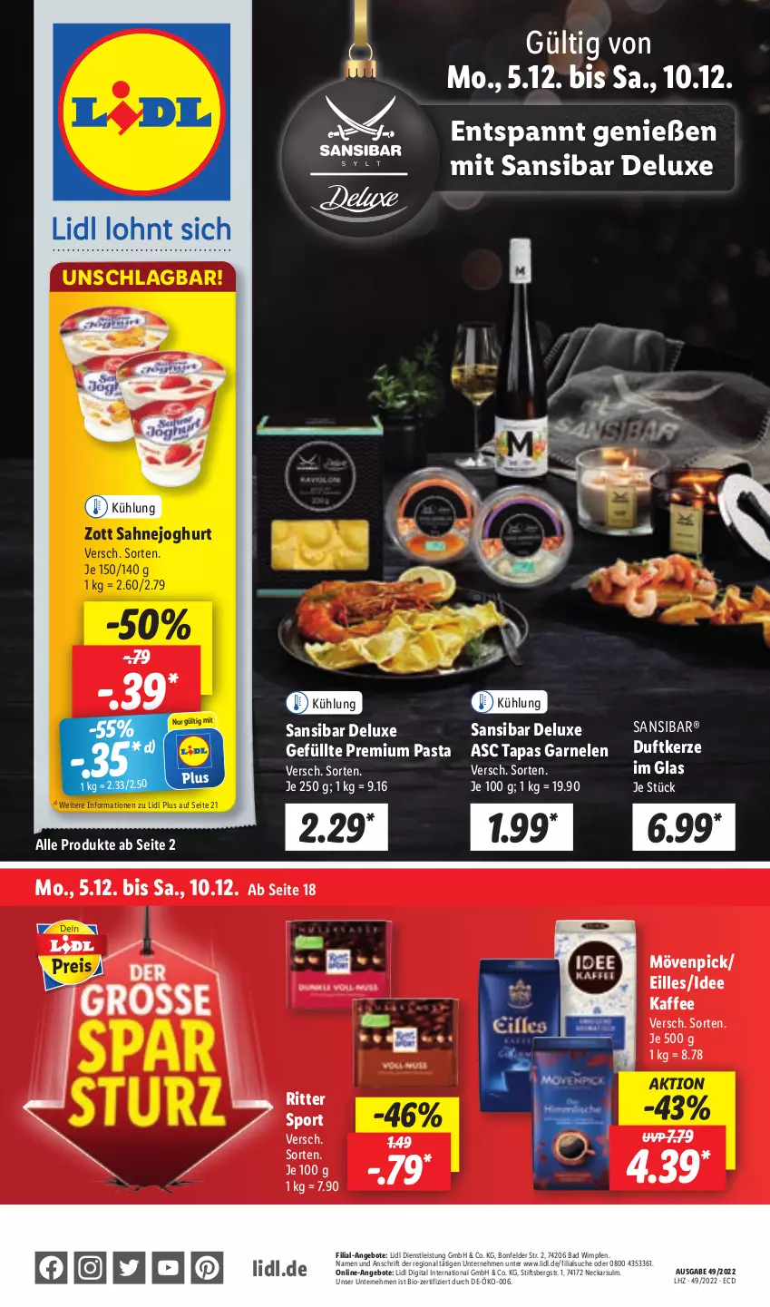 Aktueller Prospekt Lidl - Aktionsprospekt - von 05.12 bis 10.12.2022 - strona 1 - produkty: angebot, angebote, Bad, bio, Duftkerze, eis, garnelen, joghur, joghurt, kaffee, kerze, mövenpick, pasta, ritter, ritter sport, sahne, Sahnejoghurt, Sport, Tapas, Ti, zott