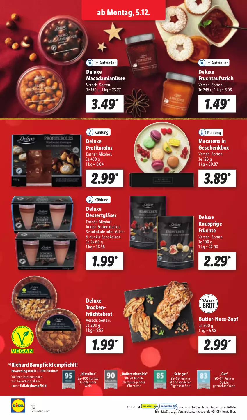 Aktueller Prospekt Lidl - Aktionsprospekt - von 05.12 bis 10.12.2022 - strona 12 - produkty: alkohol, aufstrich, brot, butter, dessert, elle, frucht, fruchtaufstrich, früchte, Geschenkbox, Gläser, mac, macadamia, Macadamianüsse, Macarons, milch, ndk, nuss, Profiteroles, Schal, Schale, schoko, schokolade, teller, Ti, Trockenfrüchte, wein