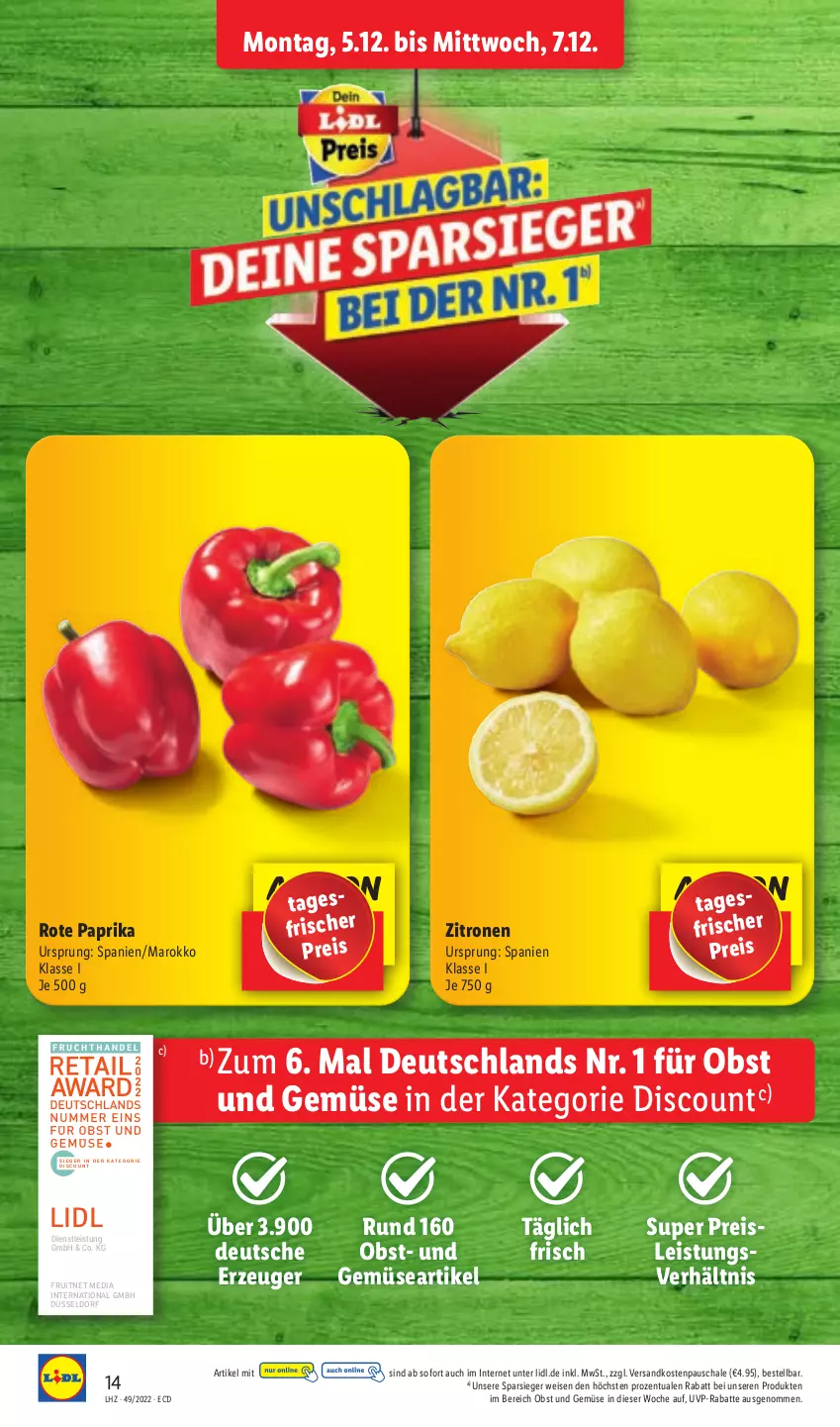 Aktueller Prospekt Lidl - Aktionsprospekt - von 05.12 bis 10.12.2022 - strona 14 - produkty: discount, eis, ente, ndk, obst, Obst und Gemüse, paprika, reis, Schal, Schale, Ti, und gemüse, zitrone, zitronen