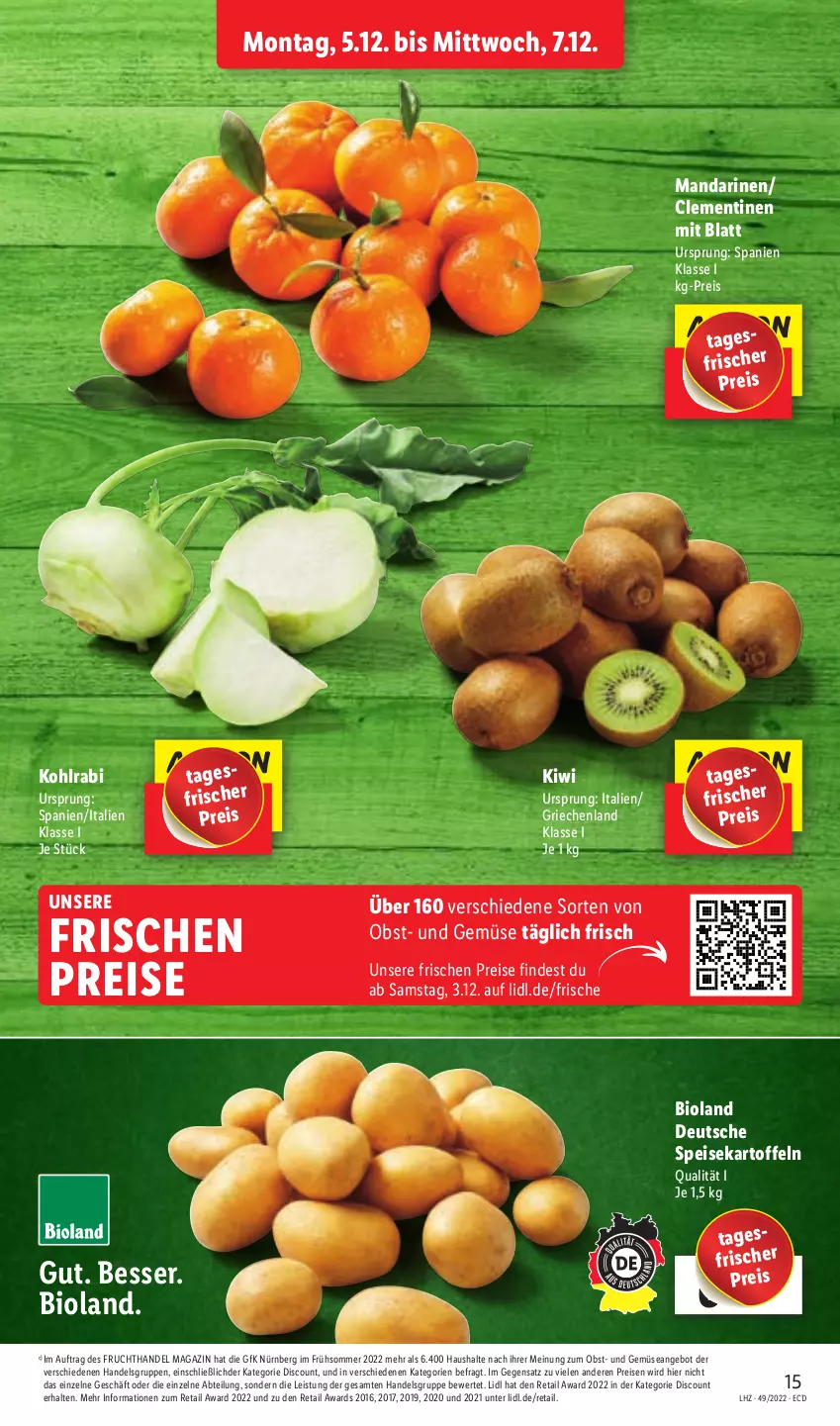 Aktueller Prospekt Lidl - Aktionsprospekt - von 05.12 bis 10.12.2022 - strona 15 - produkty: Abtei, angebot, bio, bioland, clementinen, discount, eis, frucht, kartoffel, kartoffeln, kiwi, kohlrabi, magazin, mandarine, mandarinen, obst, reis, speisekartoffeln, Ti, und gemüse