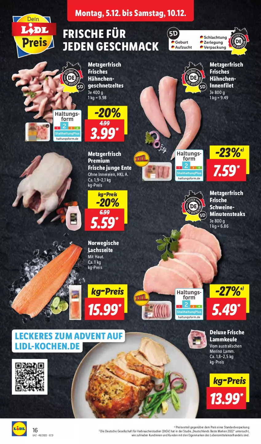 Aktueller Prospekt Lidl - Aktionsprospekt - von 05.12 bis 10.12.2022 - strona 16 - produkty: aust, eis, ente, filet, geschnetzeltes, Hähnchengeschnetzeltes, lachs, lamm, lammkeule, lebensmittel, mac, minutensteaks, preisvorteil, Rauch, reis, rwe, schwein, schweine, steak, steaks, wein, weine, Zelt