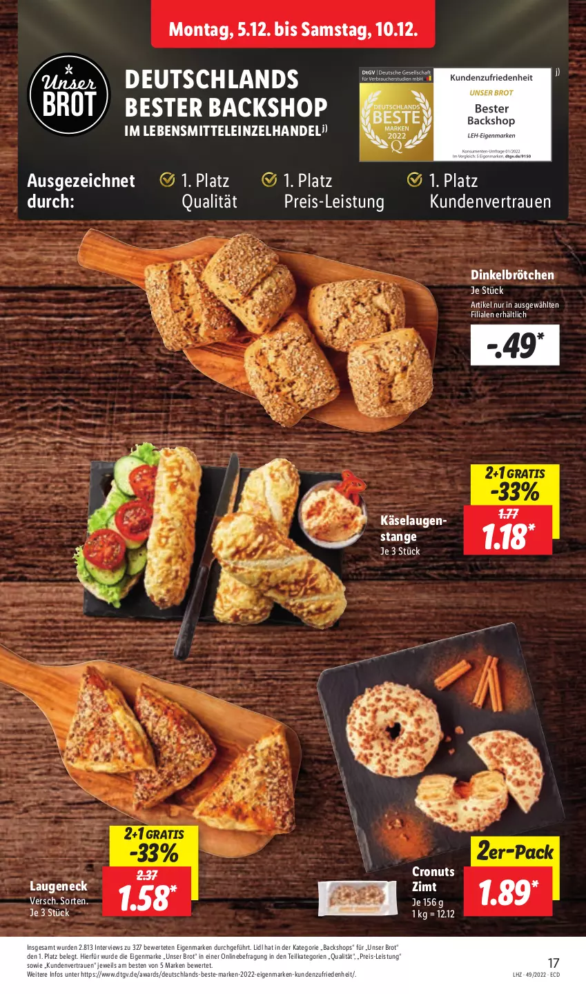 Aktueller Prospekt Lidl - Aktionsprospekt - von 05.12 bis 10.12.2022 - strona 17 - produkty: brot, brötchen, dinkelbrötchen, eis, Käse, Laugeneck, Laugenstange, lebensmittel, reis, Ti