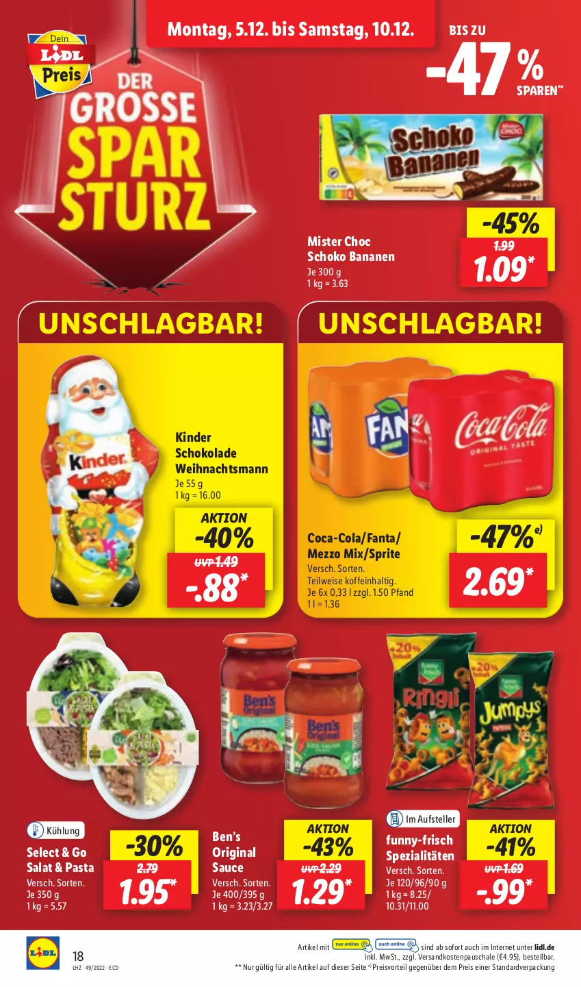 Aktueller Prospekt Lidl - Aktionsprospekt - von 05.12 bis 10.12.2022 - strona 18 - produkty: banane, bananen, Ben’s Original, coca-cola, cola, eis, elle, fanta, funny-frisch, gin, Kinder, kinder schokolade, Mezzo Mix, ndk, pasta, preisvorteil, reis, salat, sauce, Schal, Schale, schoko, schokolade, Spezi, sprite, teller, Ti