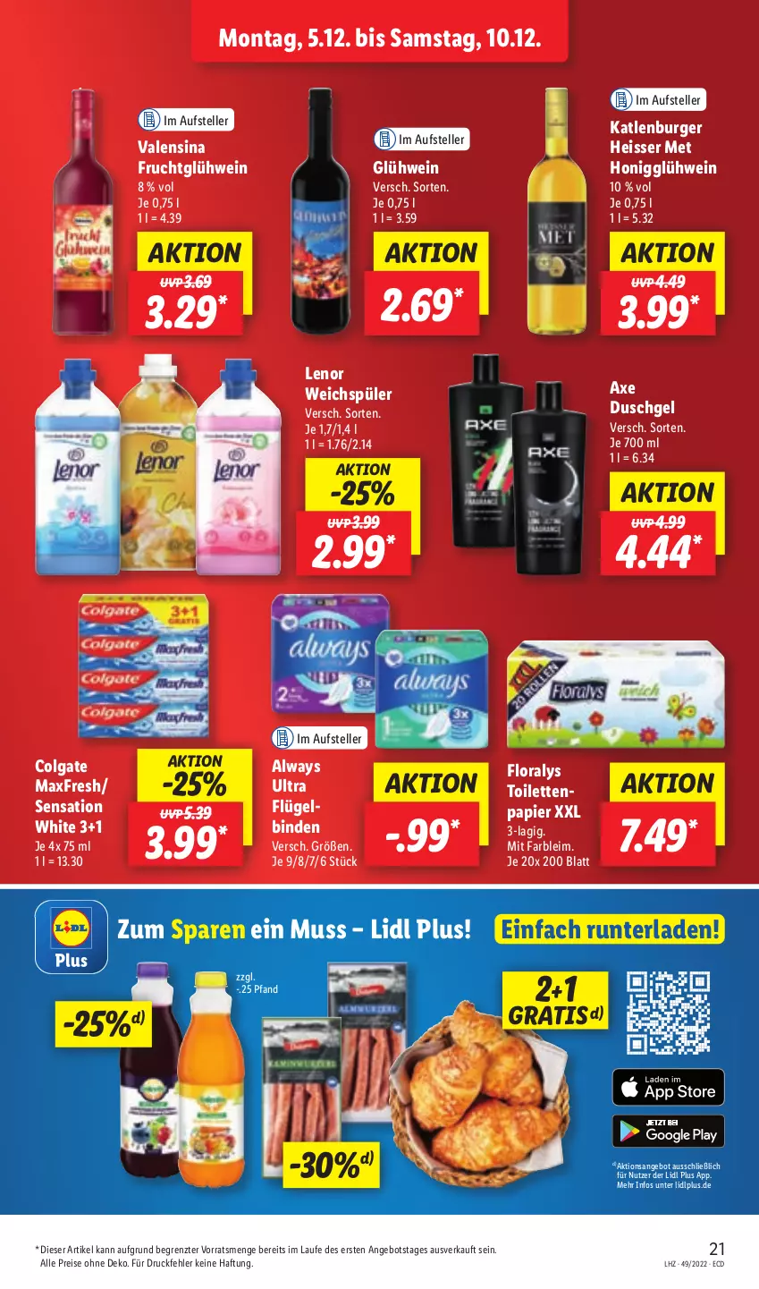 Aktueller Prospekt Lidl - Aktionsprospekt - von 05.12 bis 10.12.2022 - strona 21 - produkty: Alwa, Always, angebot, axe, axe duschgel, binden, burger, colgate, duschgel, eis, elle, Floralys, frucht, Glühwein, honig, katlenburger, lenor, lenor weichspüler, LG, papier, reis, teller, Ti, valensina, weichspüler, wein, ZTE