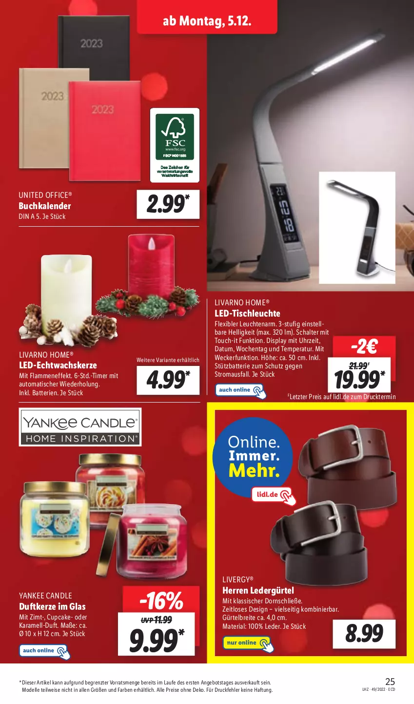 Aktueller Prospekt Lidl - Aktionsprospekt - von 05.12 bis 10.12.2022 - strona 25 - produkty: angebot, auto, batterie, batterien, Brei, buch, dell, Duftkerze, eis, elle, karamell, kerze, lamm, led-tischleuchte, Leuchte, leuchten, livergy, Maus, Mode, office, reis, Ria, Schal, Ti, timer, tisch, tischleuchte, uhr, weck, ZTE