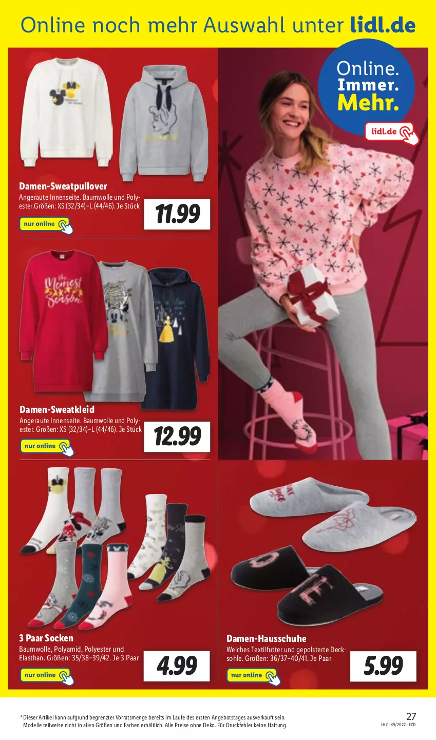 Aktueller Prospekt Lidl - Aktionsprospekt - von 05.12 bis 10.12.2022 - strona 27 - produkty: angebot, Bau, baumwolle, decksohle, dell, eis, elle, Hausschuhe, kleid, Mode, Pullover, reis, schuhe, socken, Sweatkleid, Ti, wolle, ZTE