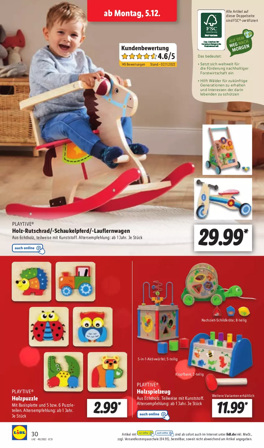 Aktueller Prospekt Lidl - Aktionsprospekt - von 05.12 bis 10.12.2022 - strona 30 - produkty: Bank, eis, Holz, Holz-Rutschrad, latte, ndk, Puzzle, Ria, Rutschrad, Schal, Schale, Schaukel, Schütze, spielzeug, Ti, würfel