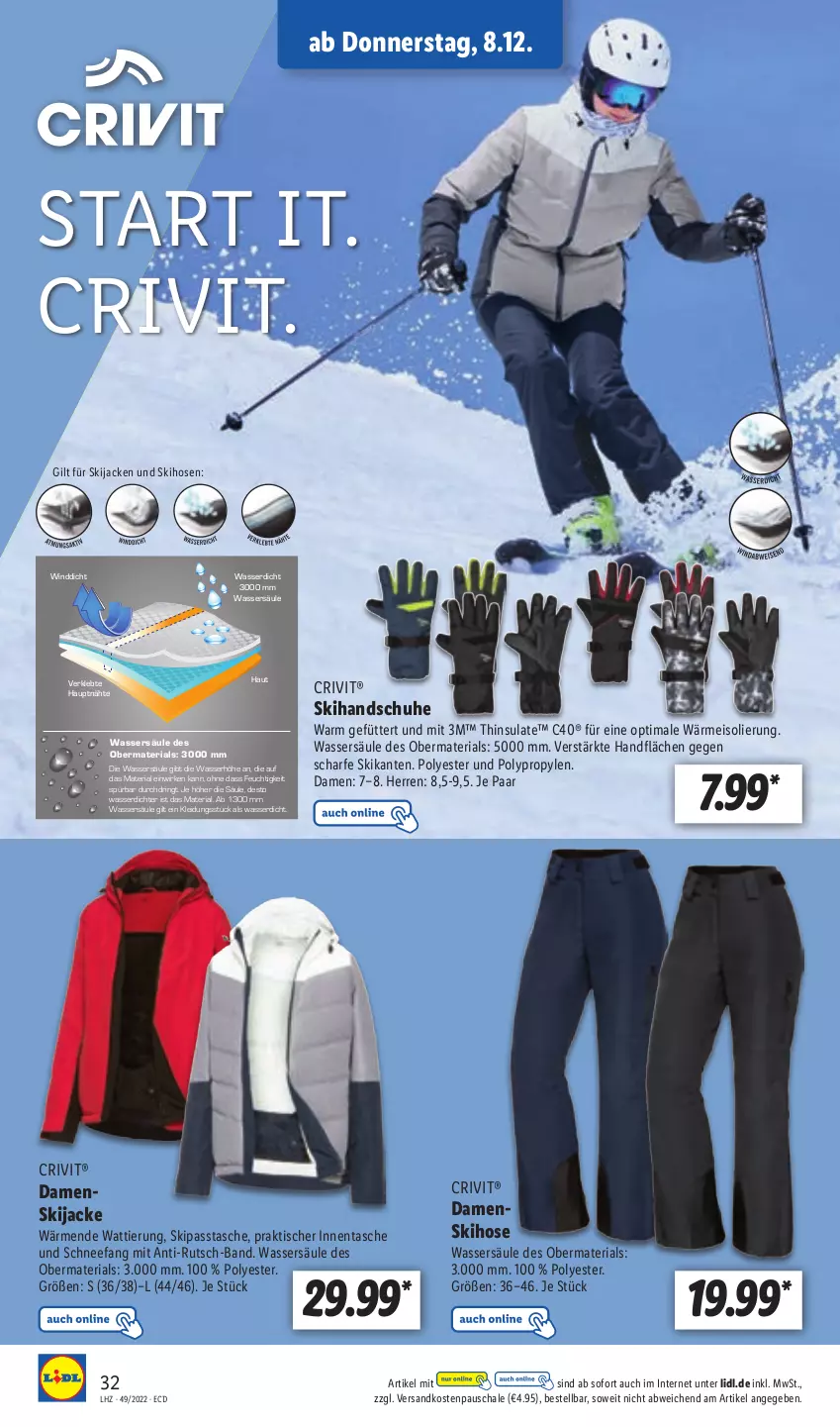 Aktueller Prospekt Lidl - Aktionsprospekt - von 05.12 bis 10.12.2022 - strona 32 - produkty: crivit, eis, handschuhe, hose, hosen, Jacke, kleid, Kleidung, ndk, Ria, ring, Schal, Schale, schuhe, Skihandschuhe, Tasche, Ti, tisch, wasser