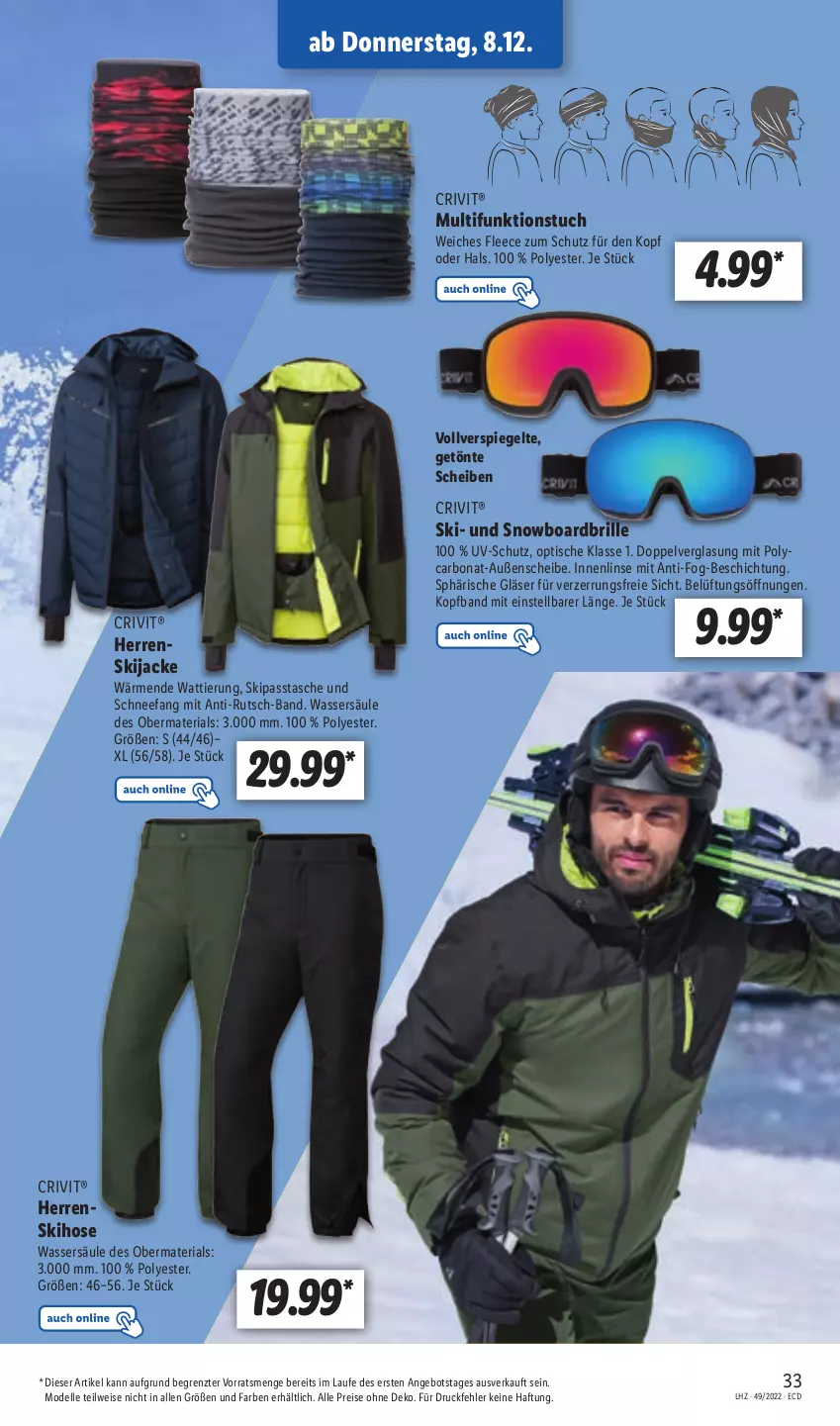 Aktueller Prospekt Lidl - Aktionsprospekt - von 05.12 bis 10.12.2022 - strona 33 - produkty: angebot, Bona, Brille, crivit, dell, eis, elle, Gläser, hose, Jacke, Mode, reis, Ria, Snowboardbrille, spiegel, Tasche, Ti, tisch, tuc, uv-schutz, wasser, ZTE