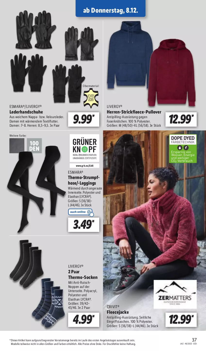 Aktueller Prospekt Lidl - Aktionsprospekt - von 05.12 bis 10.12.2022 - strona 37 - produkty: angebot, crivit, dell, eis, elle, esmara, Fleecejacke, gin, handschuhe, hose, Jacke, leggings, livergy, Mode, Pullover, reis, Ria, rum, schuhe, socken, Strumpfhose, Tasche, taschen, Ti, Tipi, ZTE