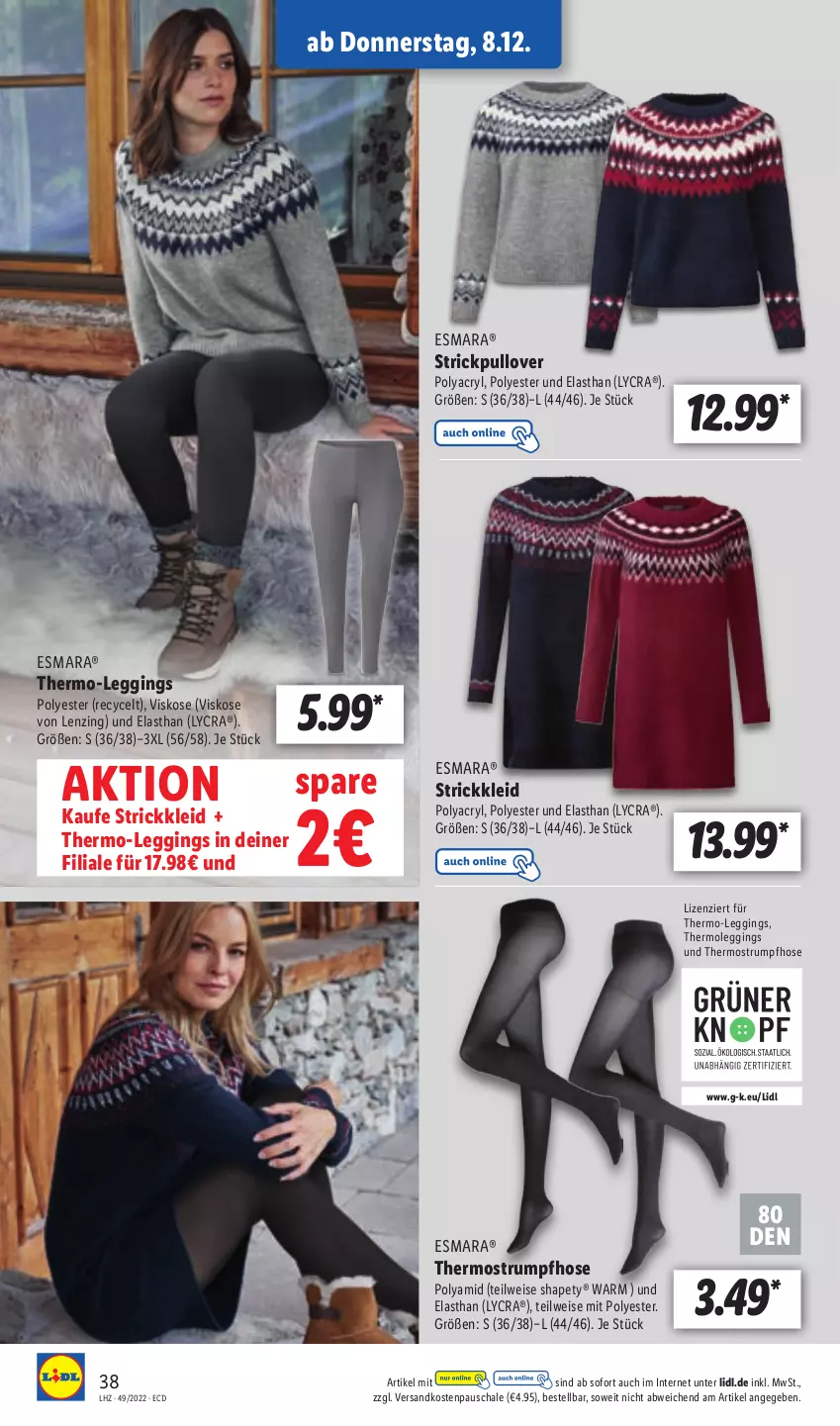 Aktueller Prospekt Lidl - Aktionsprospekt - von 05.12 bis 10.12.2022 - strona 38 - produkty: eis, esmara, gin, hose, kleid, leggings, lenzing, ndk, Pullover, rum, Schal, Schale, Strickkleid, Strickpullover, Strumpfhose, Thermoleggings, Thermostrumpfhose, Ti