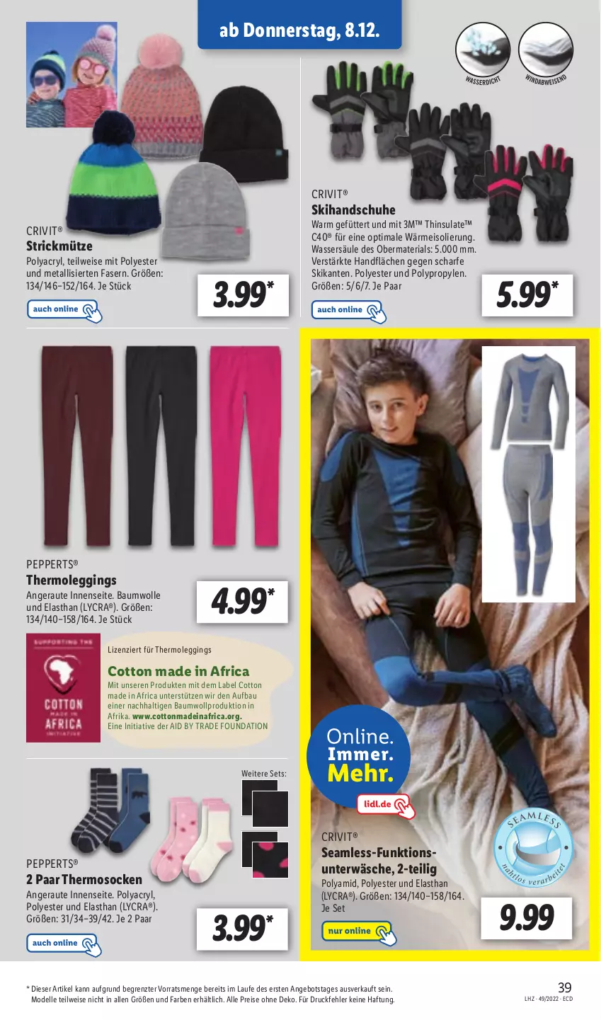 Aktueller Prospekt Lidl - Aktionsprospekt - von 05.12 bis 10.12.2022 - strona 39 - produkty: angebot, Bau, baumwolle, crivit, dell, eis, elle, gin, handschuhe, leggings, Mode, Mütze, reis, Ria, schuhe, Skihandschuhe, socken, Thermoleggings, Ti, Unterwäsche, wasser, wolle, ZTE