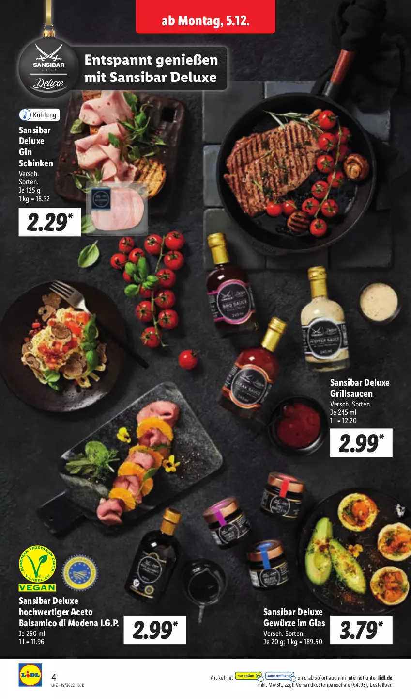 Aktueller Prospekt Lidl - Aktionsprospekt - von 05.12 bis 10.12.2022 - strona 4 - produkty: aceto, aceto balsamico, balsam, balsamico, gewürz, gin, grill, grillsauce, Mode, ndk, sauce, saucen, Schal, Schale, schinken, Ti